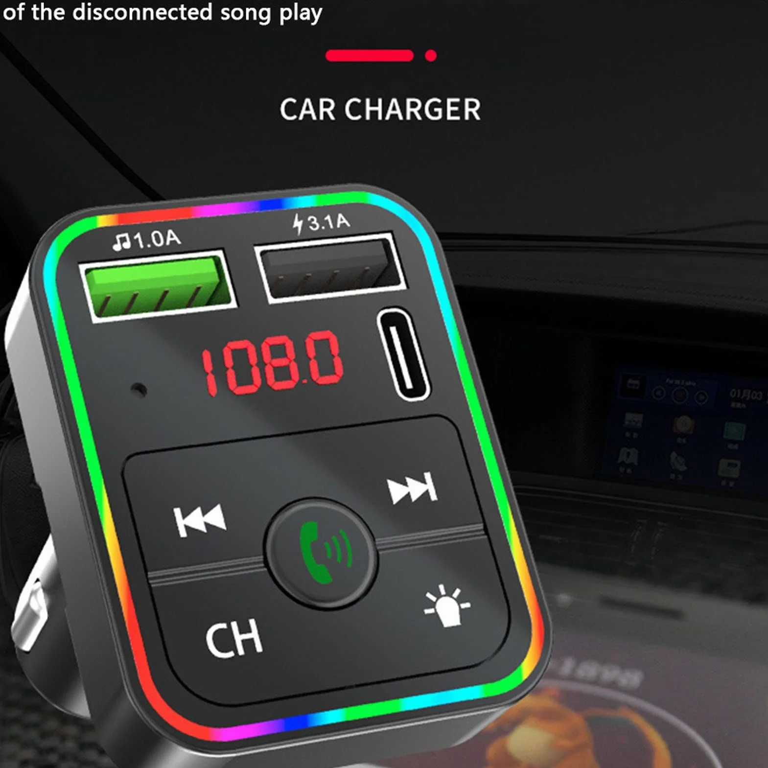 Nadajnik FM Bluetooth do Samochodu, Nadajnik FM do Samochodu Bluetooth 5.0 z ładowarką Samochodową, Zestaw Głośnomówiący, Adapter Radiowy Bluetooth, z Wyświetlaczem LED
