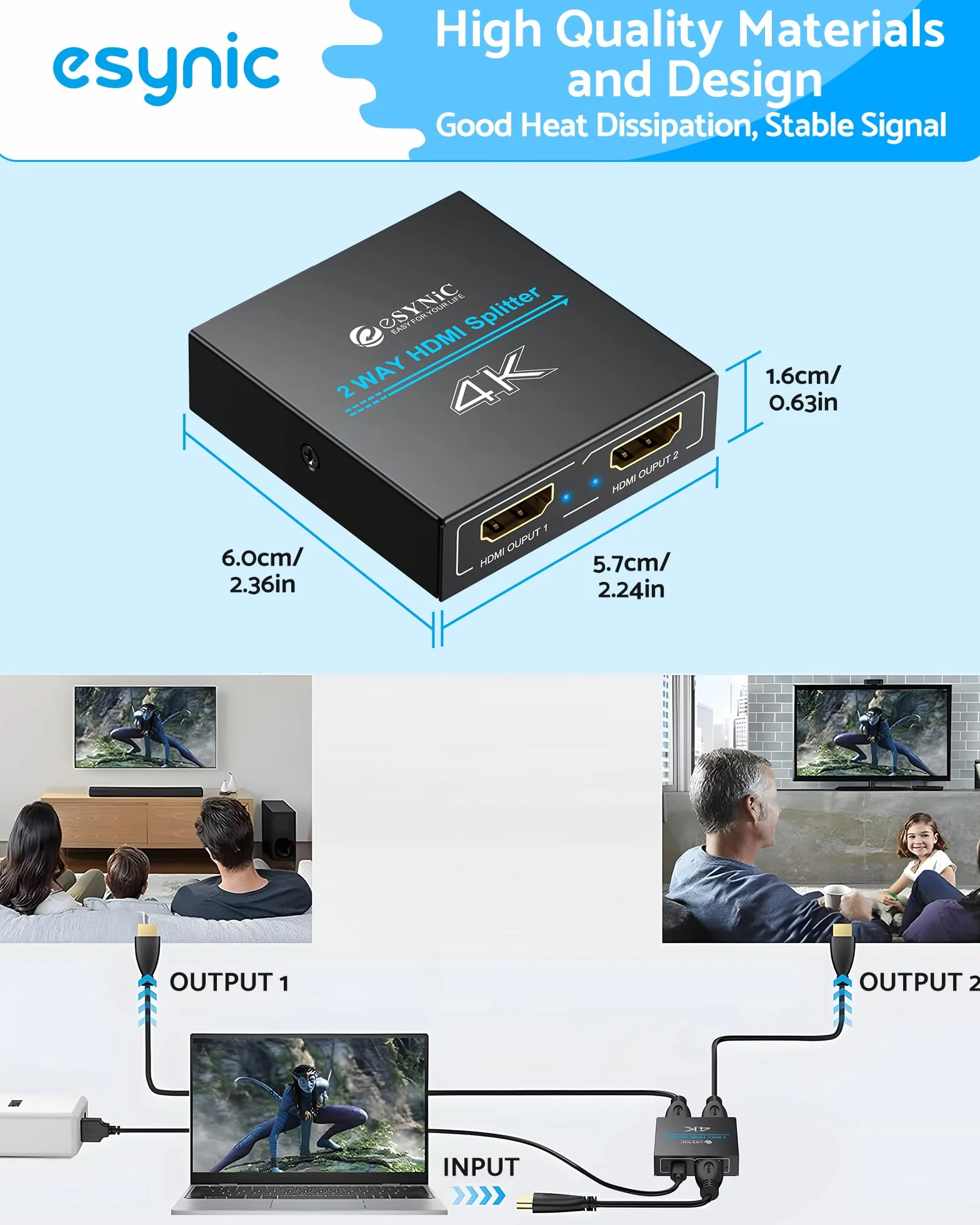 eSynic Rozdzielacz HDMI 1x2, rozdzielacz HDMI 4K 1 w 2 wyjścia HDMI adapter wzmacniacza aluminium wersja 1.4 HDCP z zasilaczem obsługuje 3D 4K 30HZ Full HD1080P do PC PS3 PS4 odtwarzacz Blu-ray HDTV