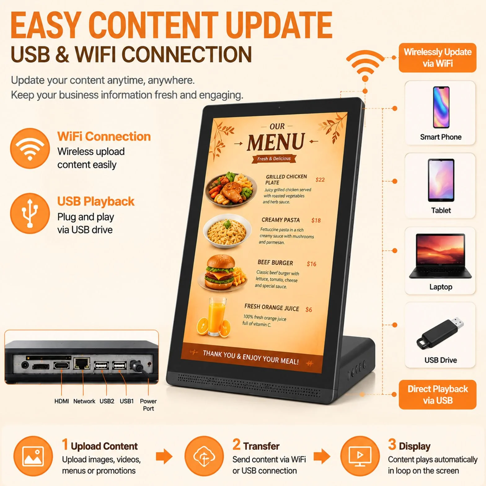 Cyfrowa tablica menu z ekranem dotykowym 15,6 cala do restauracji – wyświetlacz Digital Signage z łącznością Wi-Fi i USB, do prezentacji menu kawiarni i celów biznesowych