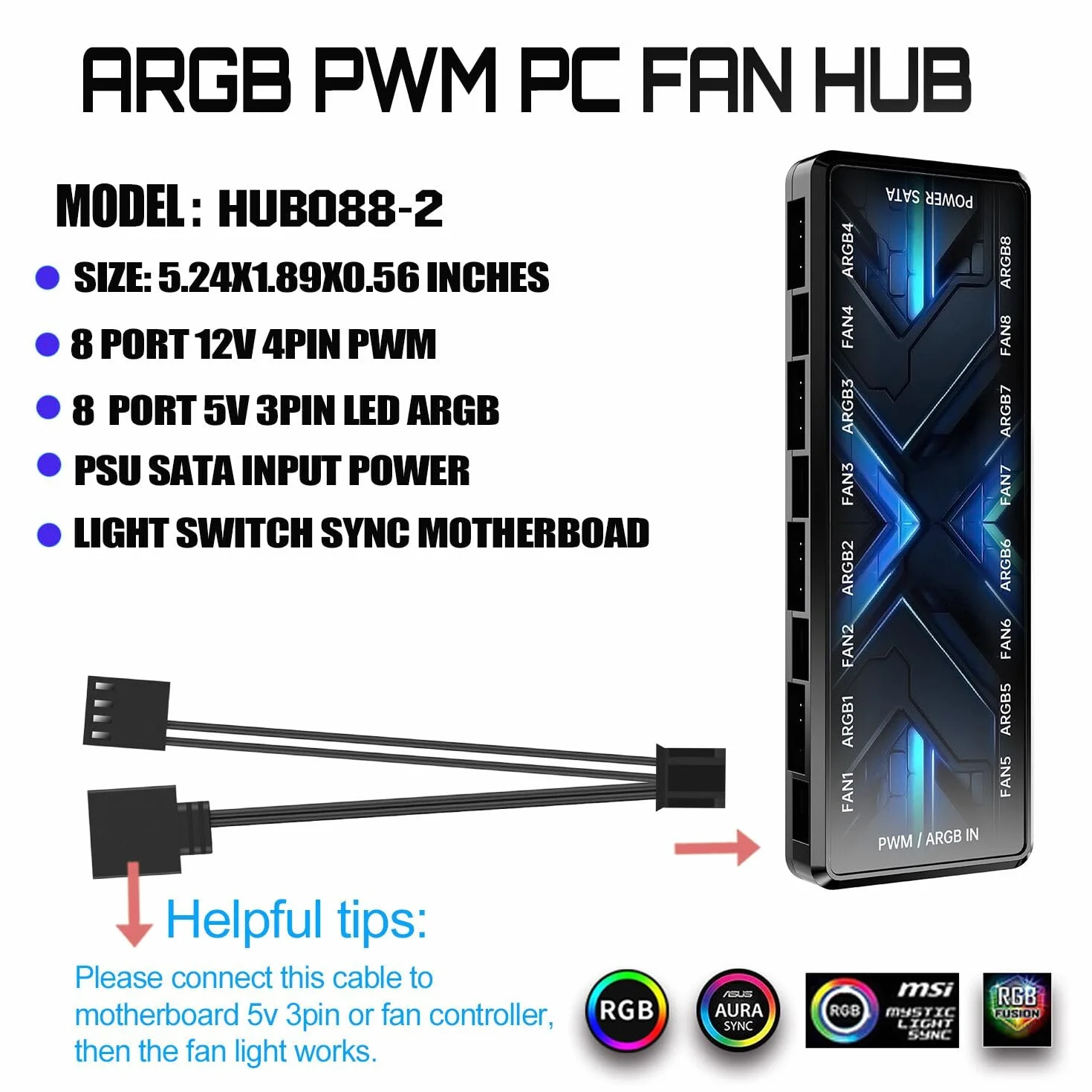ARGB PWM koncentrator wentylatora, adresowalny 5 V 3-pinowy 12 V 4-pinowy PWM obudowa 2 w 1 RGB koncentrator wentylatora z magnesem, wejście zasilania SATA PSU, 8 portów dla wentylatorów i