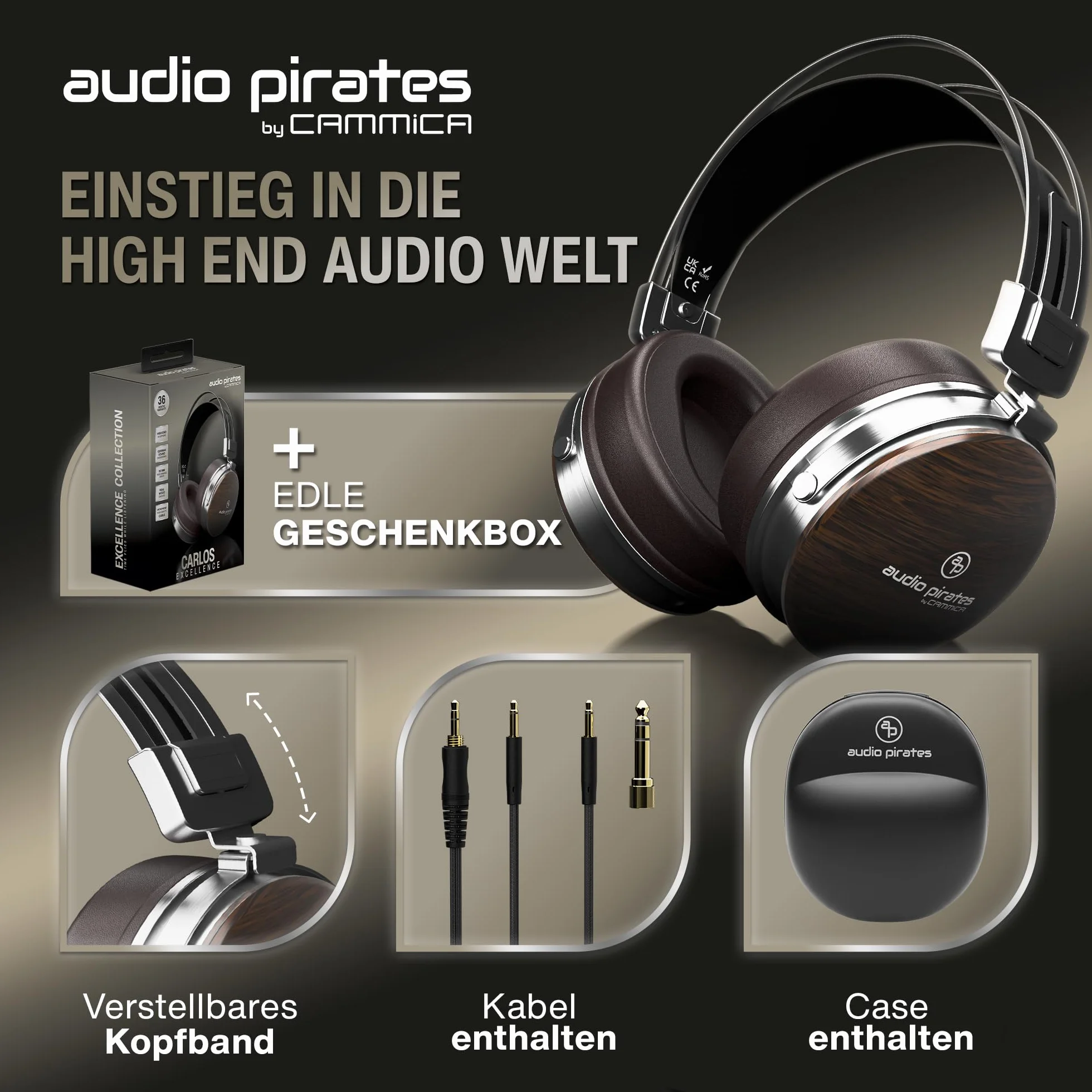 audio pirates Słuchawki nauszne, słuchawki z prawdziwego drewna, najlepszy dźwięk HiFi, słuchawki z etui, kabel 3 m + kabel 1,5 m, w zestawie mikrofon i adapter 3,5 mm i 6,3 mm – słuchawki HiFi
