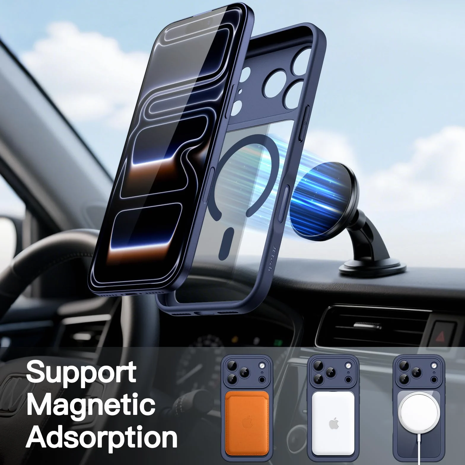 JETech Etui dla iPhone 17 Pro Max 6,9 Cala z Wbudowany Ochraniacz Ekranu Hartowane i Przycisk Sterowania Aparatu, Kompatybilne z MagSafe, 360 ​​Stopni Pełne Osłona Ciała (Głębinowy błękit)