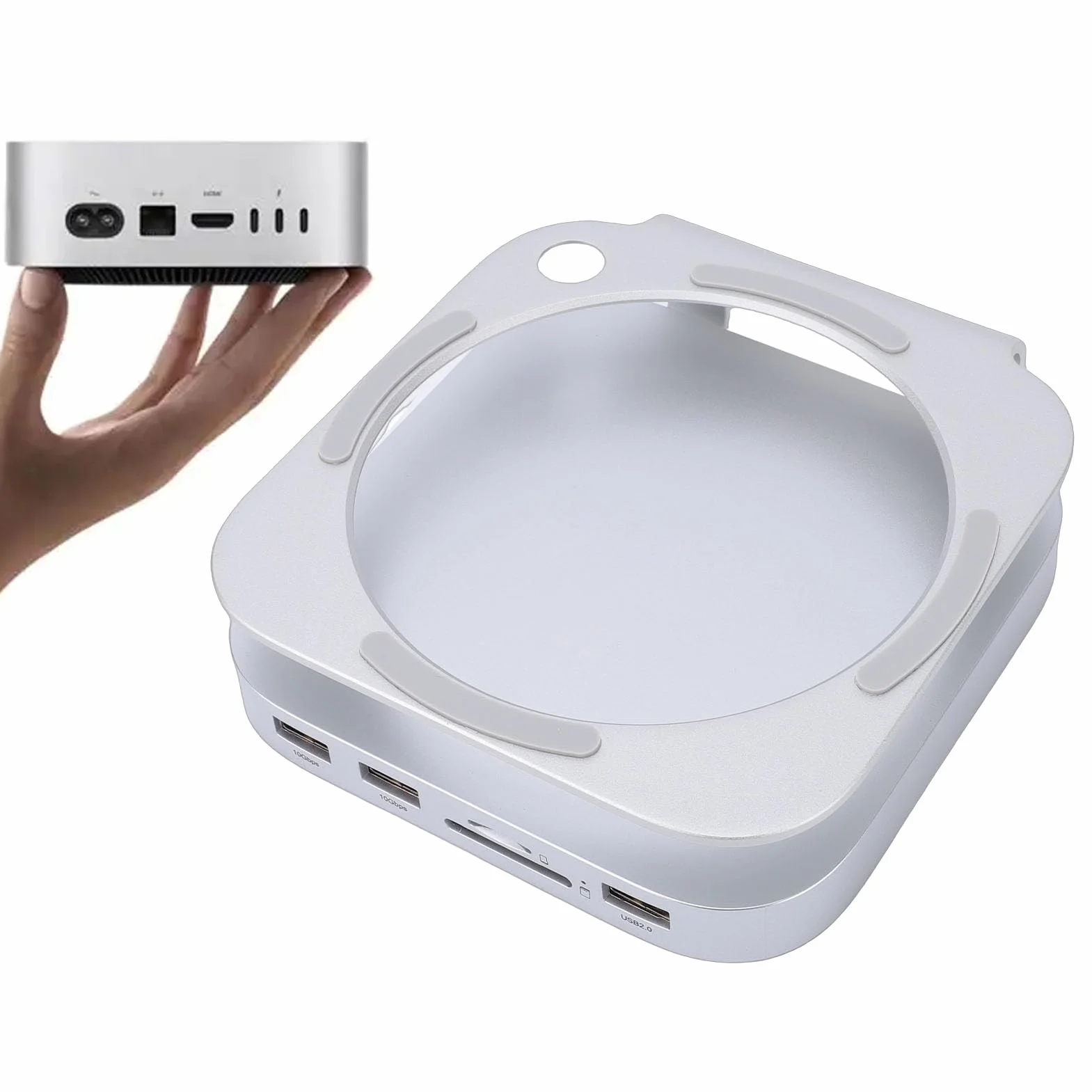 Stacja Dokująca Mini M4, Aluminiowa Podstawa z obudową Dysku SSD NVMe i 6 Portami, w Tym Czytnik Kart 10 Gb/s USB A, 4.0, Zasilanie USB C, do Komputera Stacjonarnego Mini M4