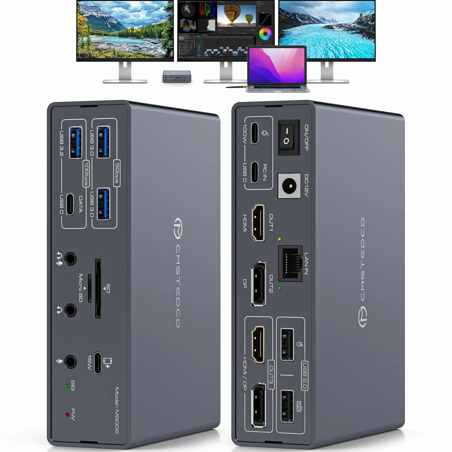 Stacja dokująca Thunderbolt 4K przy 60 Hz, 3 monitory do M1, M2, M3, M4, MacBooka/Air, z technologią DisplayLink, stacja dokująca USB C 19 w 1 z 2 HDMI i 2 DisplayPort, PD 100 W/USB 3.2 10G USB