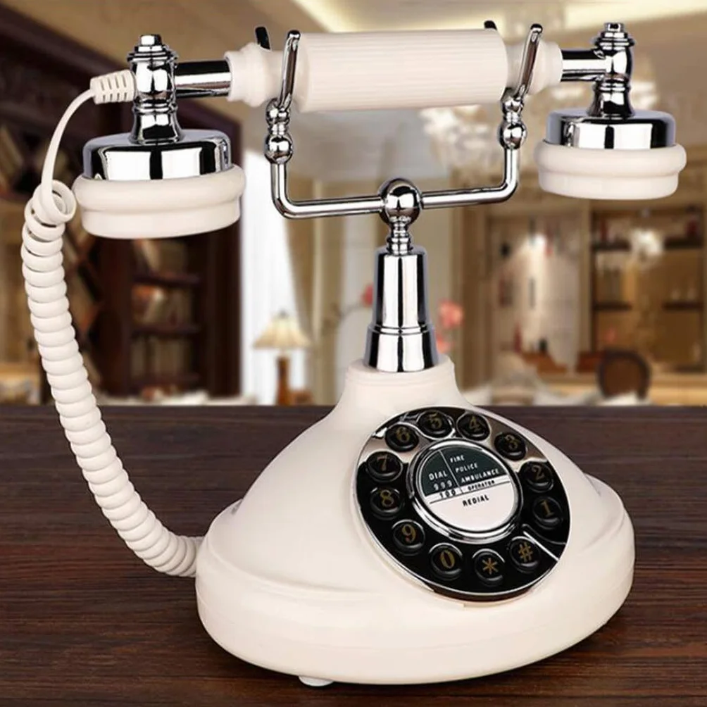 Klasyczny telefon retro, przewodowy telefon z przyciskami, dekoracja do biura, antyczny telefon stacjonarny – biały