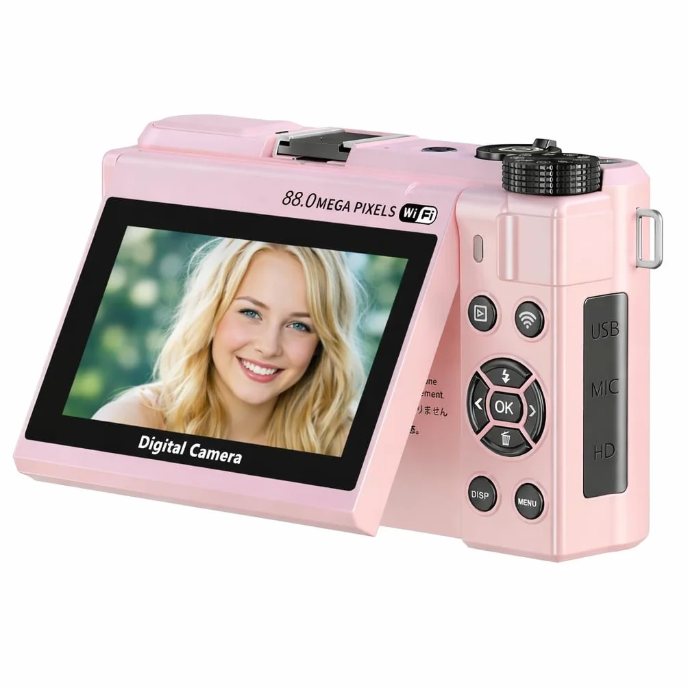 Vikye Cyfrowy Aparat Fotograficzny 8K do Fotografii, Aparat do Vlogowania 88 MP dla Początkujących Podróżujących z 3-calowym Ekranem Odchylanym o 180°, Kompaktowe Aparaty Podróżne 18X (PINK)