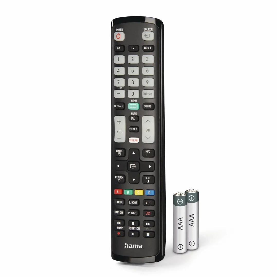 Hama uniwersalny pilot do telewizorów Samsung (podczerwień, gotowy do użycia, tryb uczenia się, luminescencyjne przyciski, tryb dla seniora, zasięg 10 m, 2x baterie AAA w zestawie)