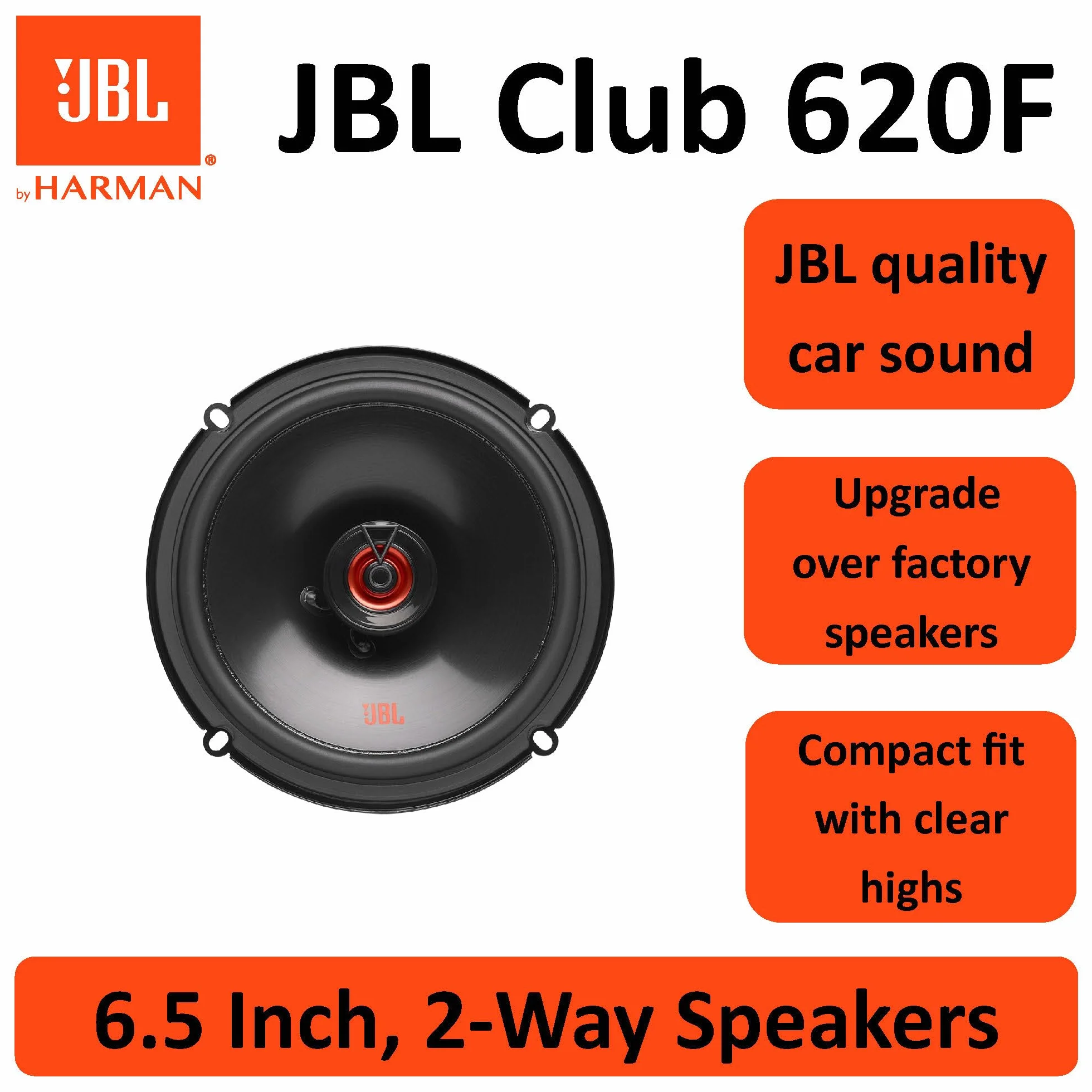 JBL Club 620F 2-drożny zestaw głośników samochodowych Harman Kardon – 180 W głośniki samochodowe do montażu na płasko – 2 sztuki Car HiFi Box duży 16-17 cm – 6,5 cala – bez osłony grilla
