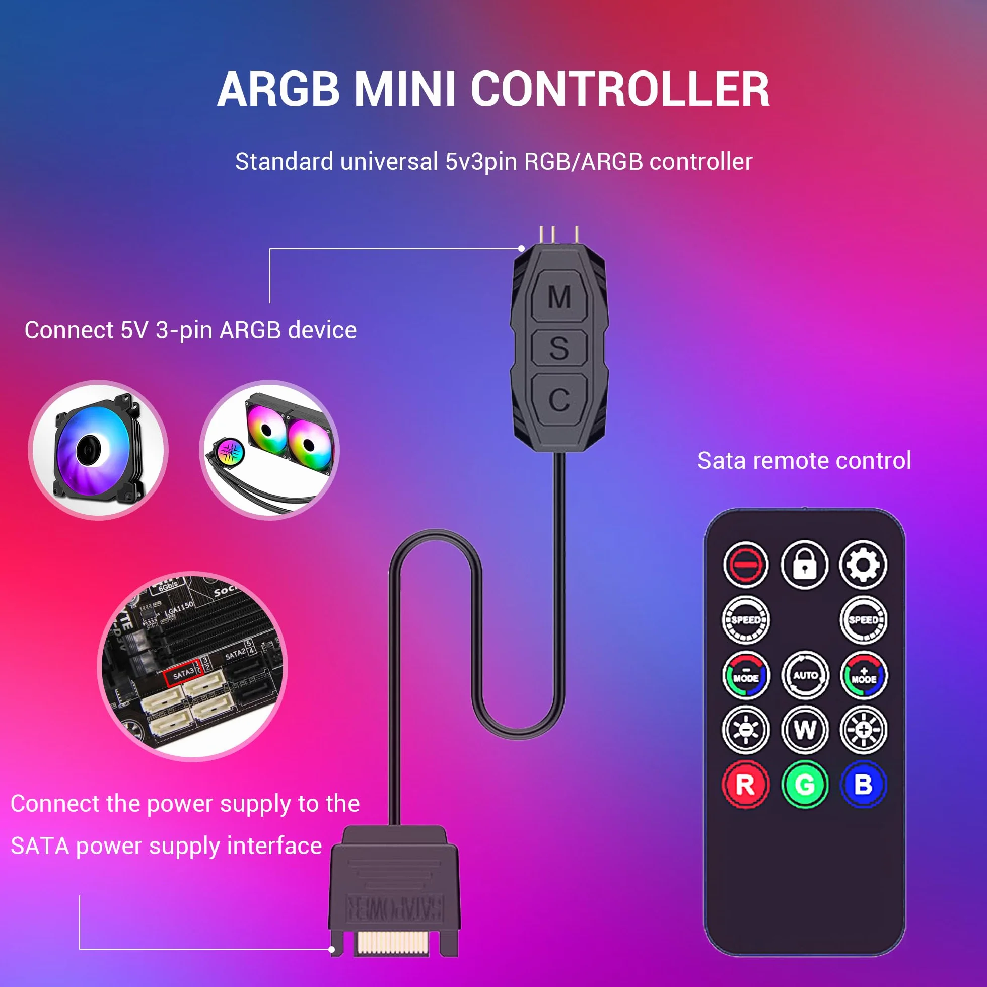 Kontroler ARGB 5V 3-pinowy RGB, wbudowany tryb oświetlenia, zasilacz SATA, 14 przycisków, bezprzewodowy zdalny przełącznik