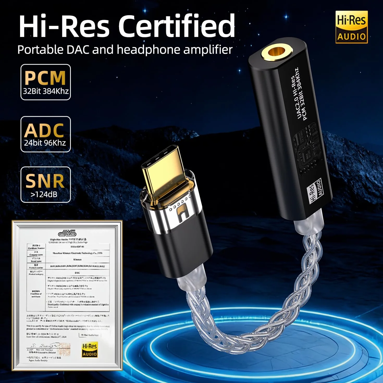 Adapter słuchawkowy USB C na 3,5 mm DAC z podwójnym chipem CX31993 i MAX97220, przenośny wzmacniacz dekodowania Hi-Res 32-bitowy/384 kHz z posrebrzanym kablem OCC do słuchawek iPhone, Android, Mac
