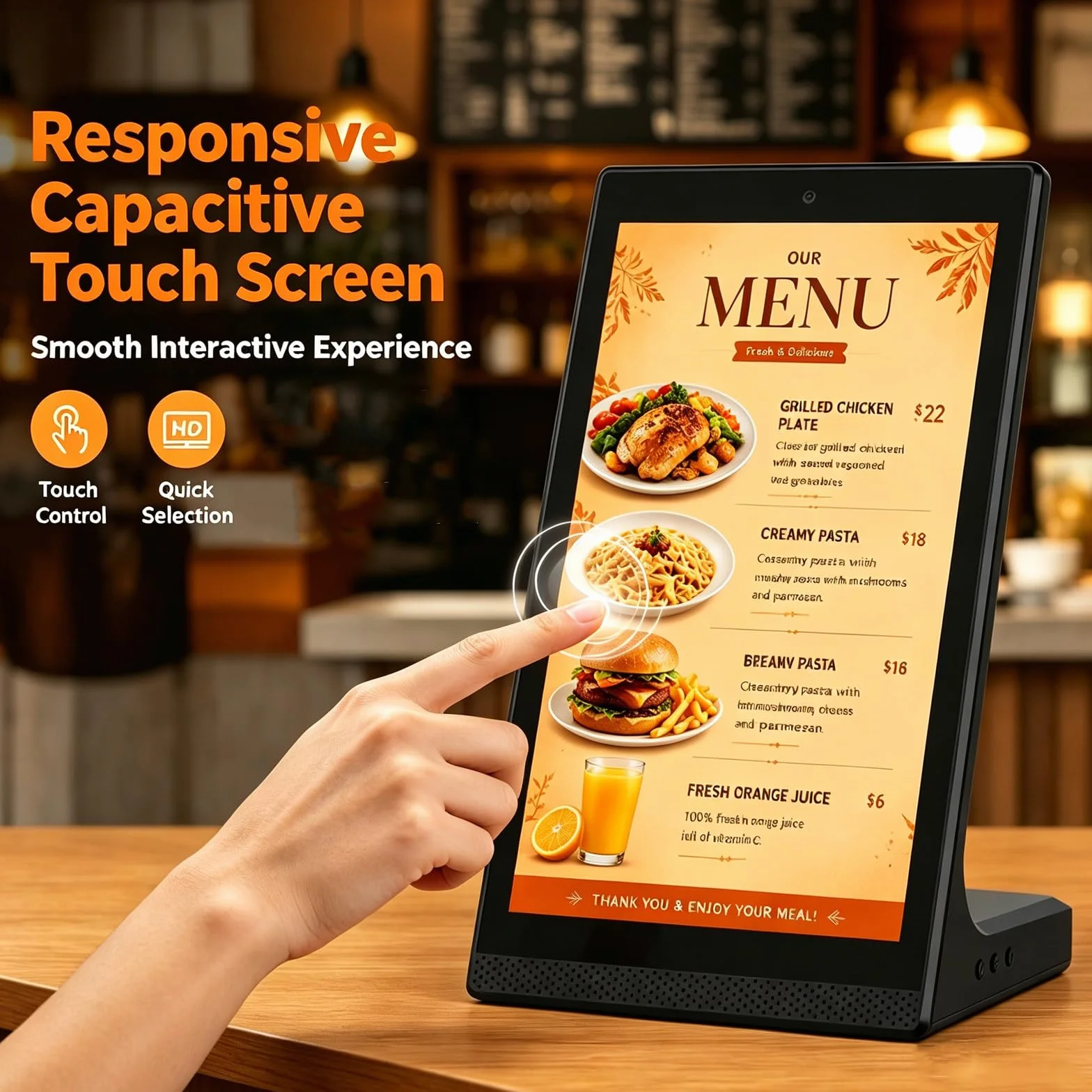 Cyfrowa tablica menu z ekranem dotykowym 15,6 cala do restauracji – wyświetlacz Digital Signage z łącznością Wi-Fi i USB, do prezentacji menu kawiarni i celów biznesowych