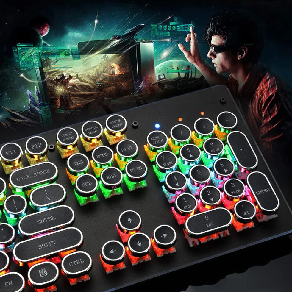 HJK920 Mechaniczna klawiatura do gier, oświetlenie RGB LED, 104 klawiszy, klawiatura retro, przewodowa, do komputerów PC Gamer Office i laptopa stacjonarnego (czarny)
