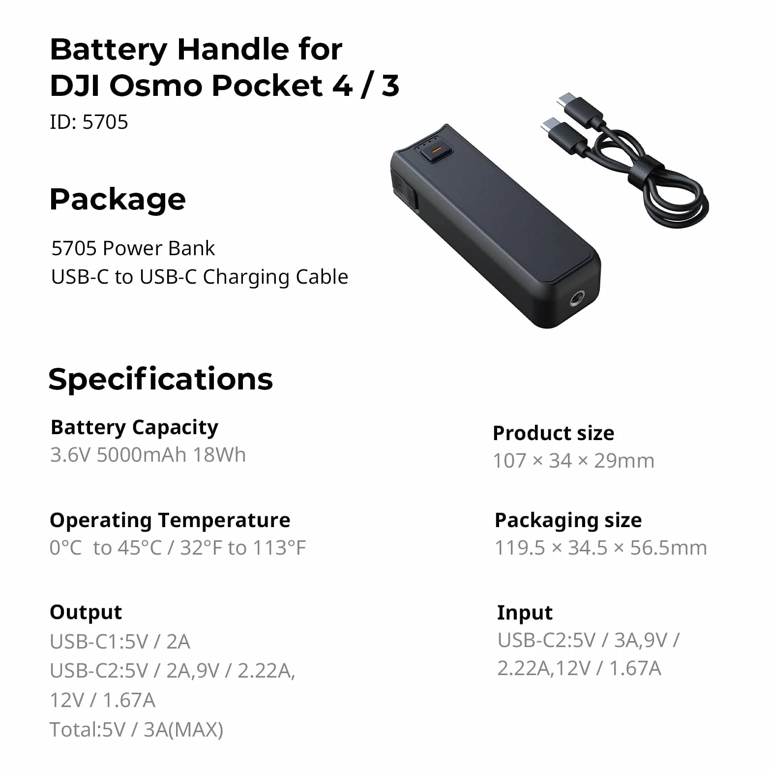 SMALLRIG Uchwyt na baterie Osmo Pocket 4/3 do DJI, uchwyt zasilający o pojemności 5000mAh z szybkim ładowaniem 20W, bezprzewodowe połączenie audio z mikrofonem, do statywu/kija do selfie - 5705