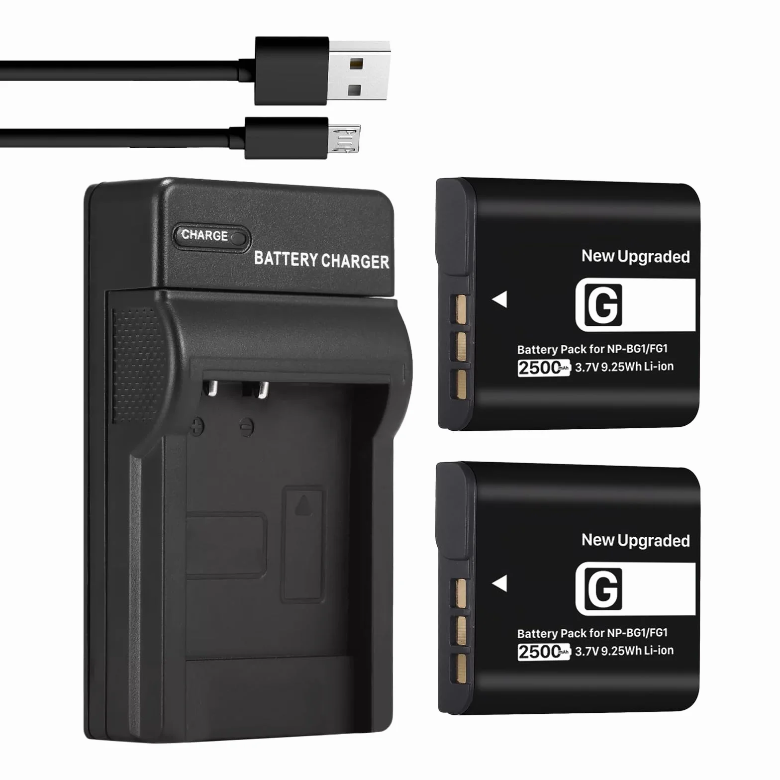 Bateria 2500 mAh (2-pak) i ładowarka USB do Sony NP-BG1 NPFG1 NP-FG1 NPBG1 i do Cyber-Shot DSC-W120 W150 W220 DSC-H3 H7 H9 H10 H20 H50 H55 H70 DSC-HX7V DSC-HX30V DSC-HX9V DSC-HX10V DSC-HX5V
