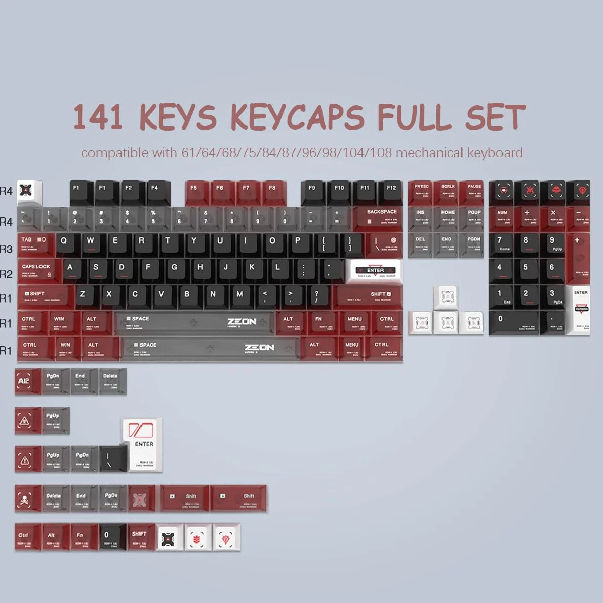 JakeTsai Podwójne nasadki klawiszy PC, 138 klawiszy, czerwone, czarne, przezroczyste klawisze, przezroczyste nakładki na klawisze z profilem wiśniowym do Cherry MX Switch ANSI i ISO układ klawiatury