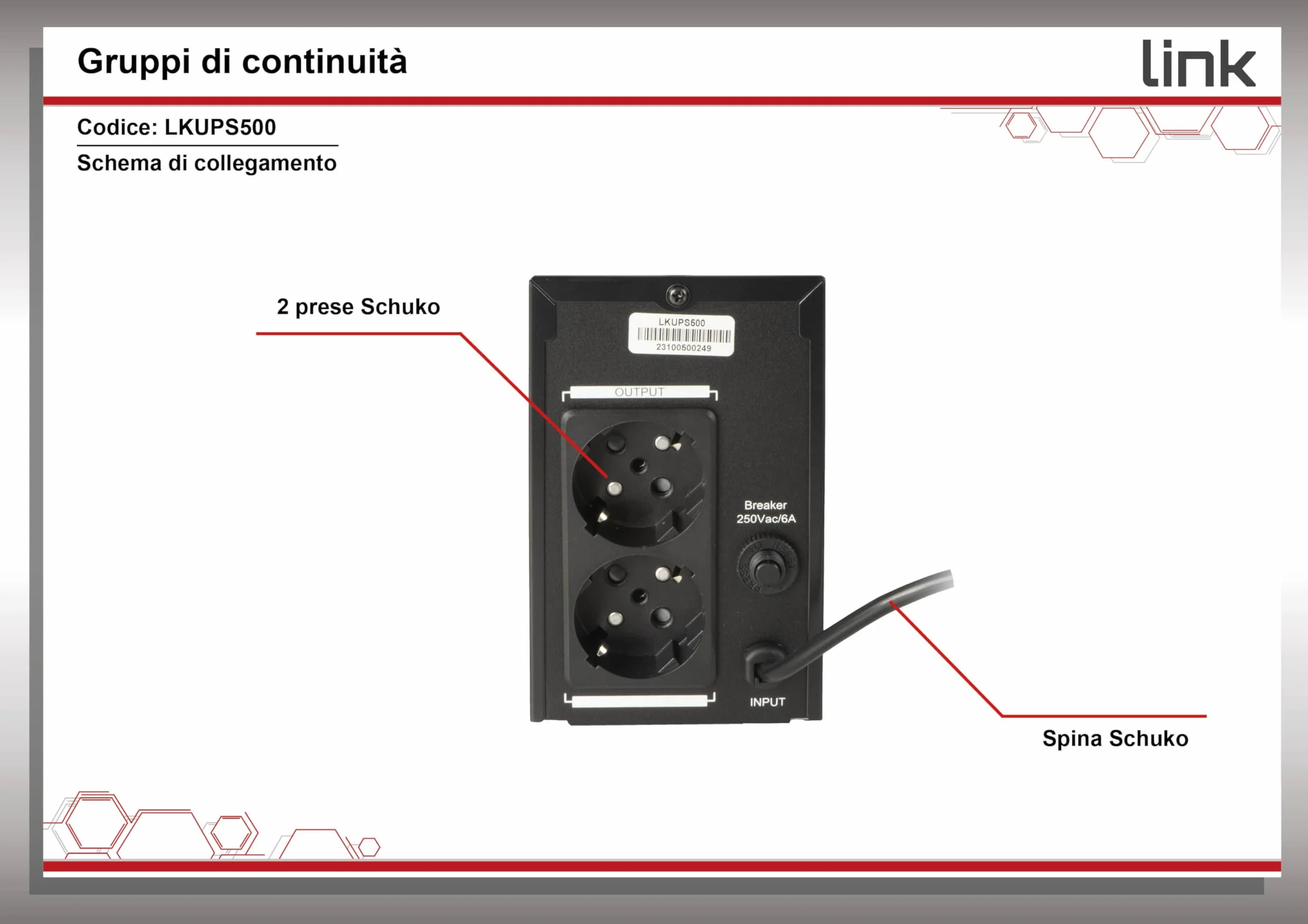 LINK LKUPS500 zasilacz awaryjny UPS ochrona urządzeń elektronicznych z akumulatorem 12 V/4,5 Ah i technologią interaktywnej linii, kompaktowe wymiary 29,2 x 14 x 21,5 cm, dwa gniazda żeńskie Schuko
