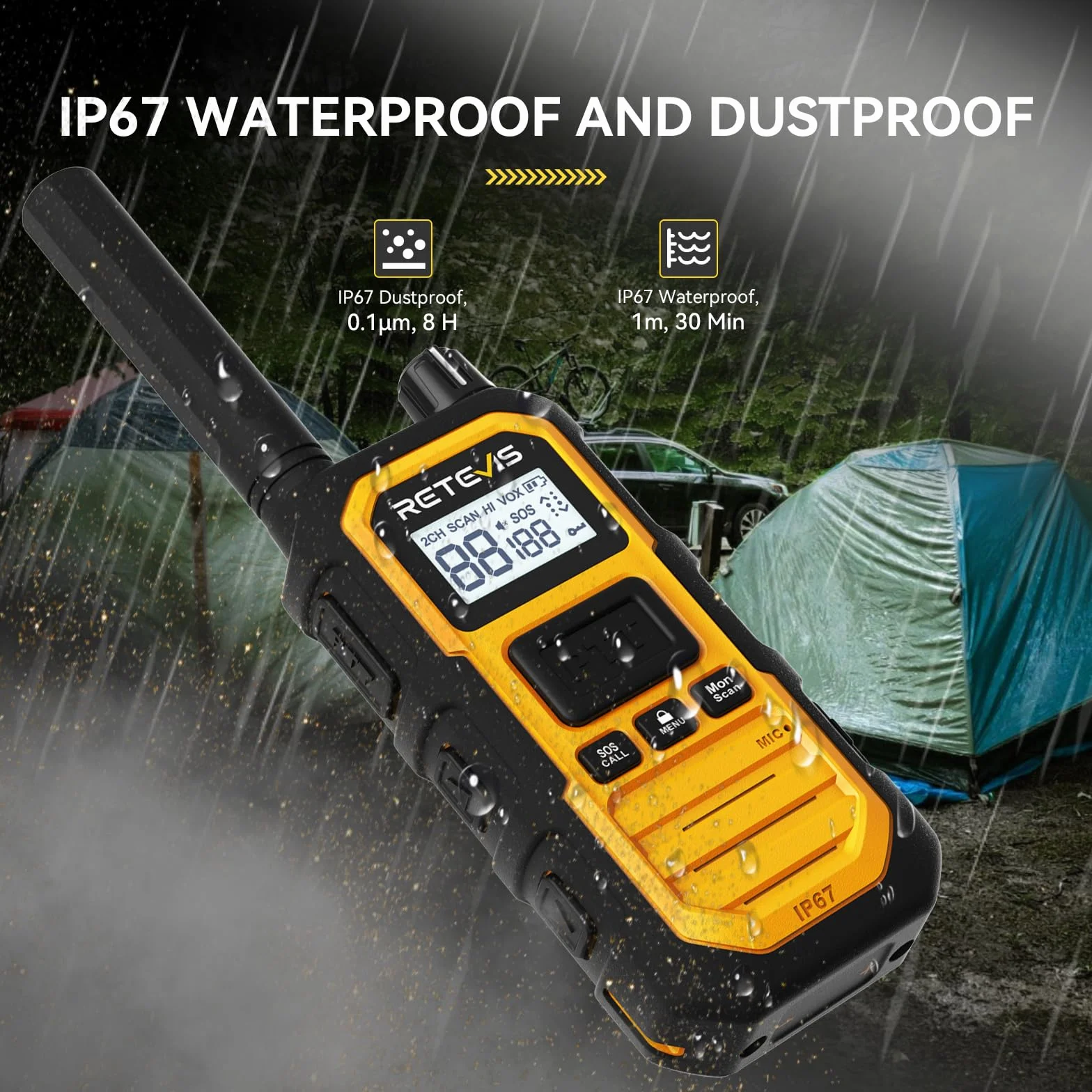 Retevis RB648 Plus Walkie-Talkie Dalekiego Zasięgu, Wodoodporne Radio Dwukierunkowe IP67, Łatwe Parowanie, 2000 mAh, Profesjonalny Walkie Talkie na Kemping (2 Szt. Żółty)