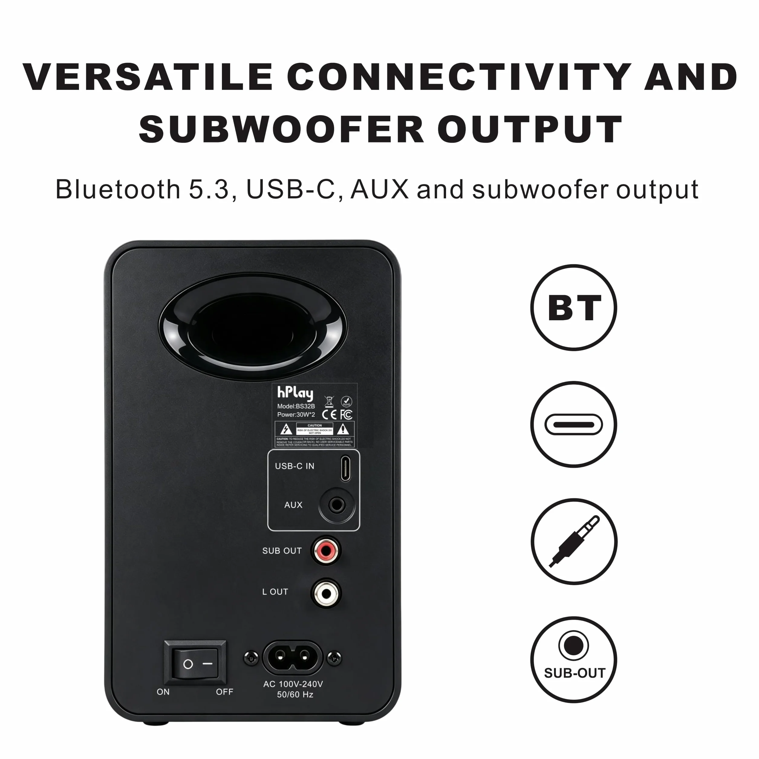 hPlay BS32B głośnik aktywny – 60 W głośnik PC z Bluetooth 5.3, karta dźwiękowa USB-C, wyjście subwoofera i pilot zdalnego sterowania, płyta absorbująca, kompaktowe głośniki regałowe (czarny)