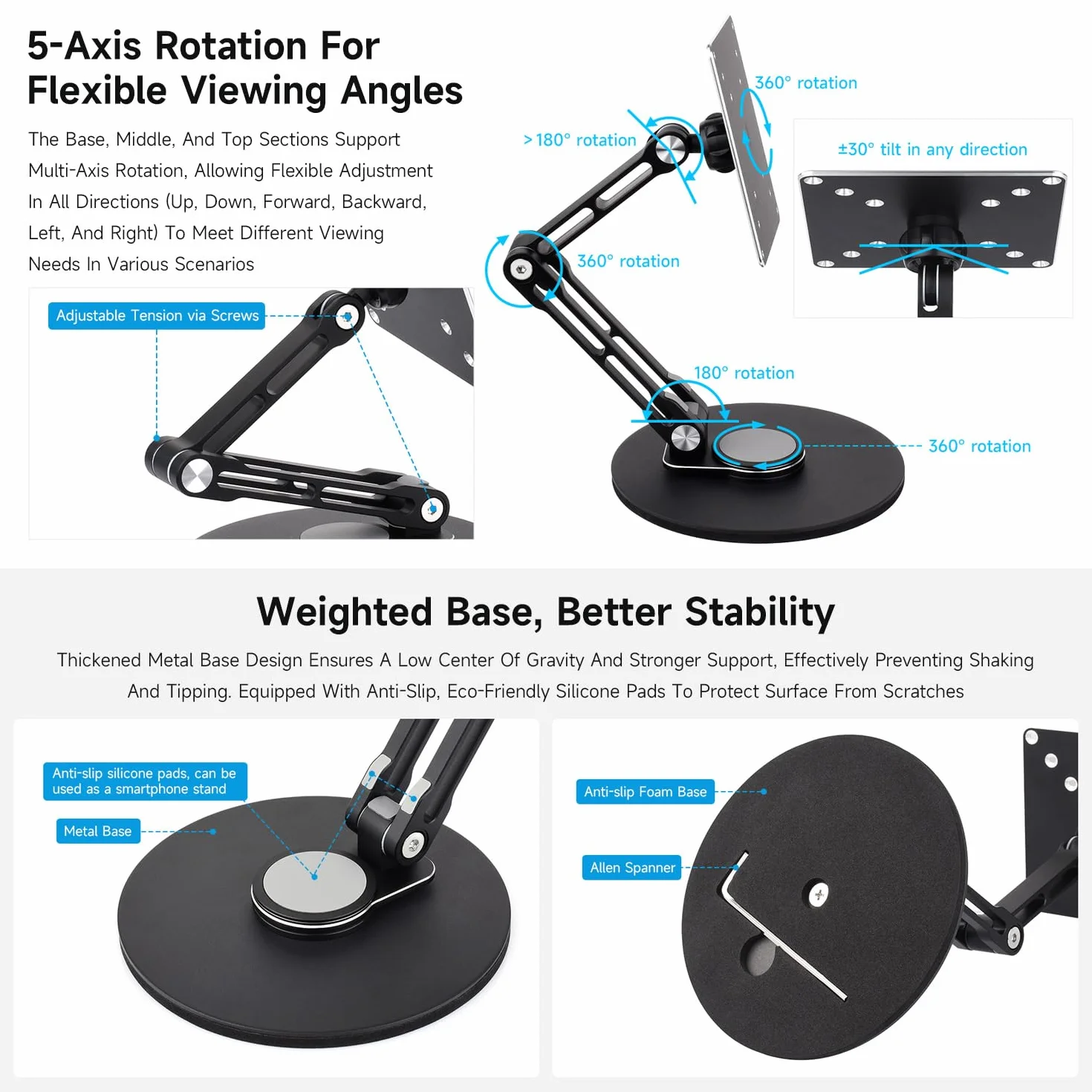 Waveshare VESA Portable Monitor Adjustable Stand, Compatible with Monitors Up to 19 Inches, Multi-Axis Rotation, Ergonomic Design with Weighted Base, Foldable for Easy Storage