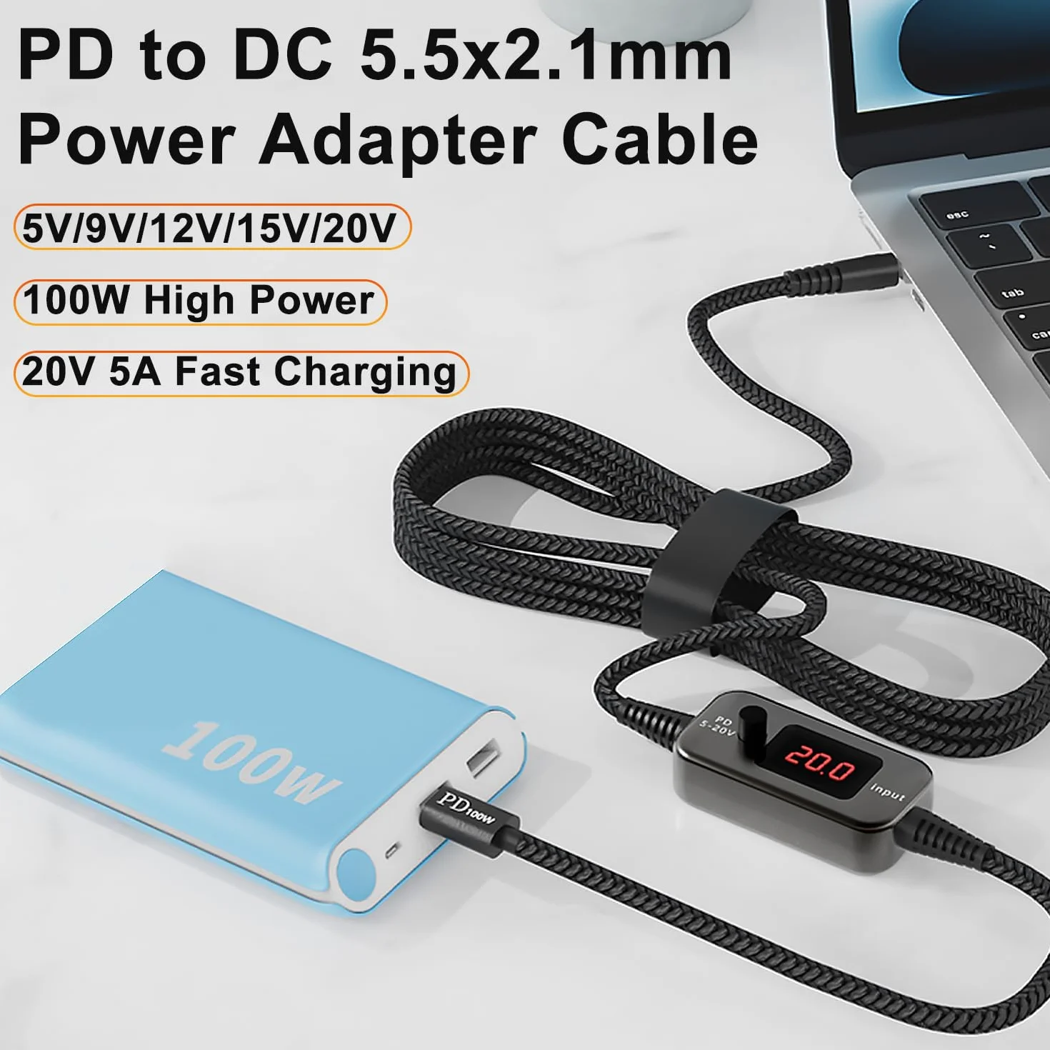 100W USB-C PD do DC Adapterkabel 5A 5,5×2,1mm 10 adapterów DC do laptopa routera monitora kamery 1M kabel nylonowy