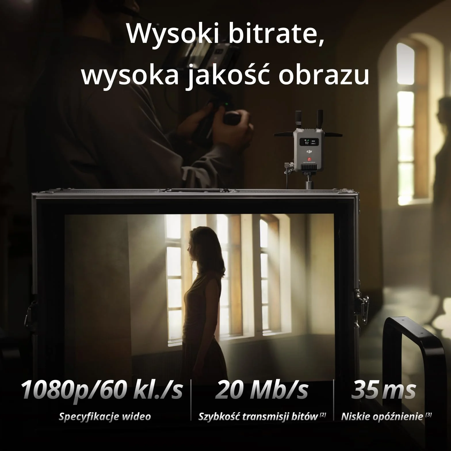 Zestaw transmisji SDR DJI, bezprzewodowa transmisja wideo SDR 1080p/60 kl./s do 3 km, nadajnik i odbiornik, stabilność i brak zakłóceń, duża moc sygnału, wysoki bitrate, monitorowanie przez USB-C