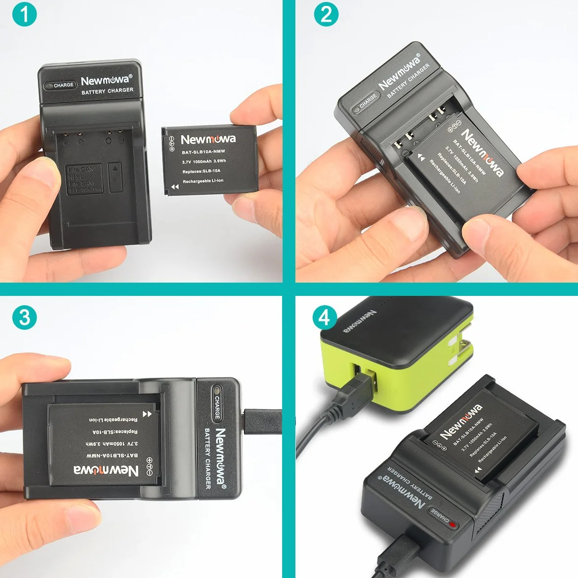 Newmowa® SLB-10A bateria zapasowa (2-pak) i przenośna ładowarka USB zestaw do Samsung SLB-10A, JVC BN-VH105 i Samsung ES50, ES55, ES60, EX2F, HMX-U10, HMX-U20, HZ10W, HZ15W