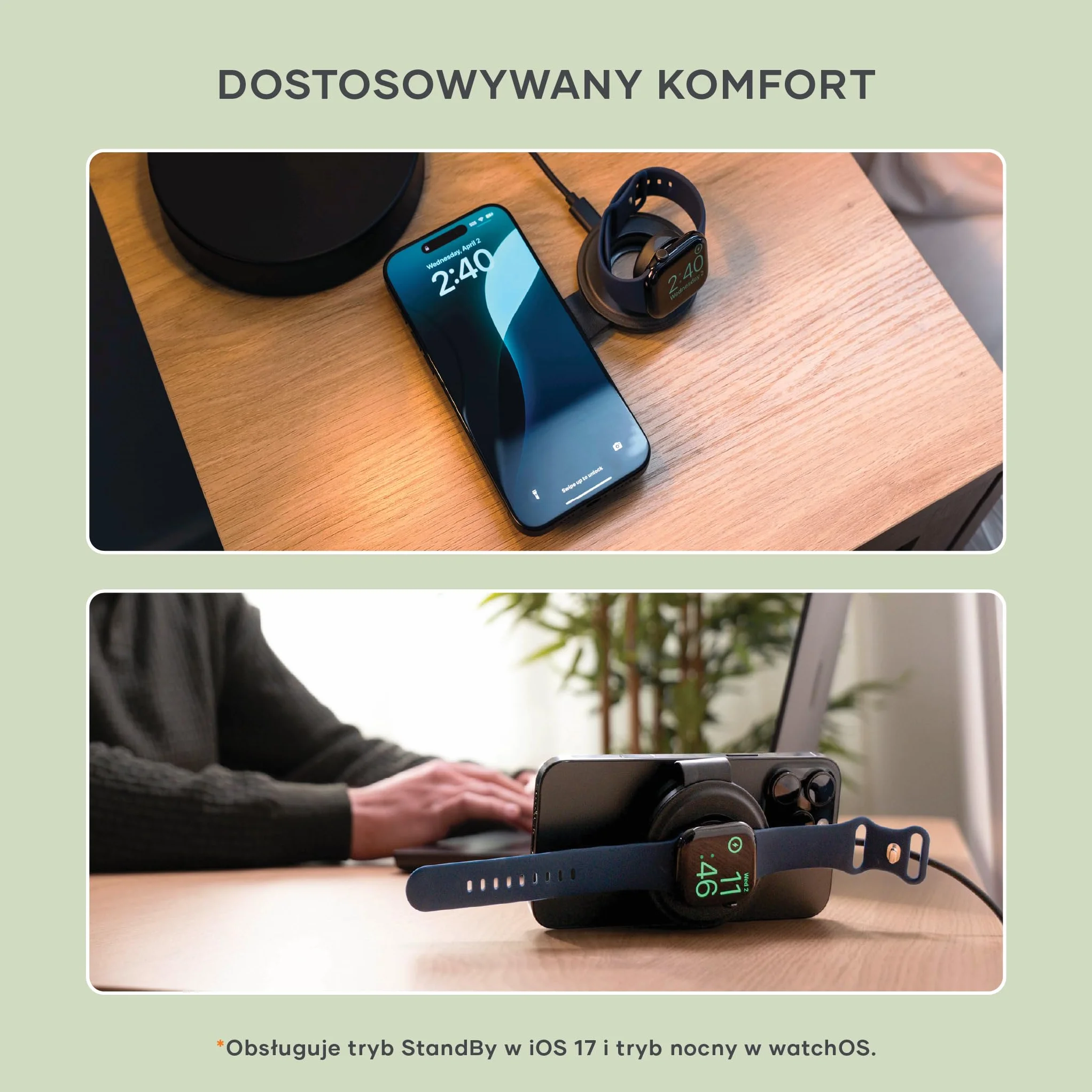 SATECHI składana ładowarka Qi2 OntheGo™ 2 w 1, 15 W, czarna | 15 W dla iPhone’a, 5 W dla Apple Watch i AirPods; zasilacz USB-C nie jest dołączony – wymagany min. 30 W