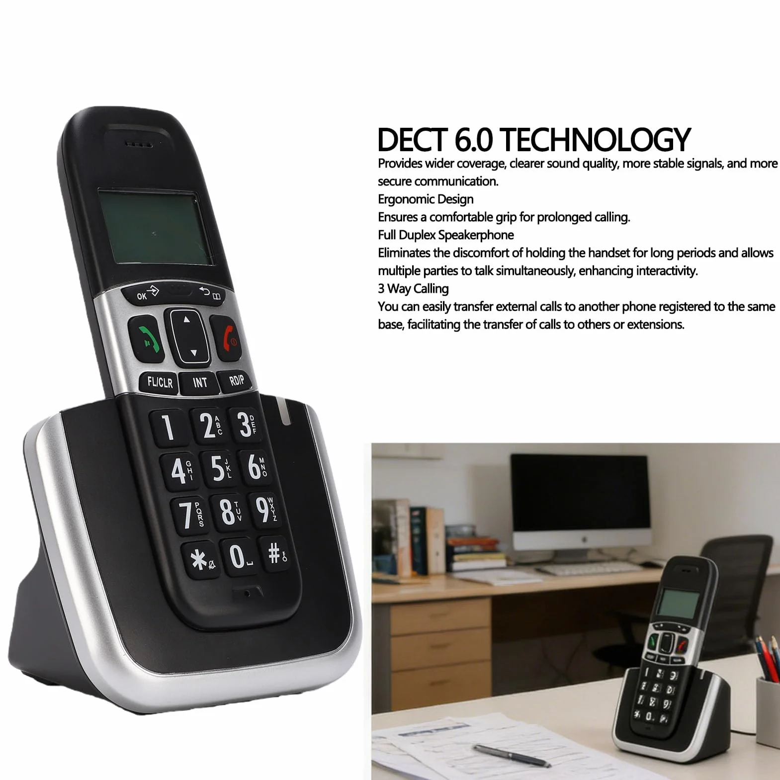 Asixxsix Bezprzewodowy Telefon Stacjonarny z 2 Słuchawkami, DECT 6.0 (wtyczka UE)
