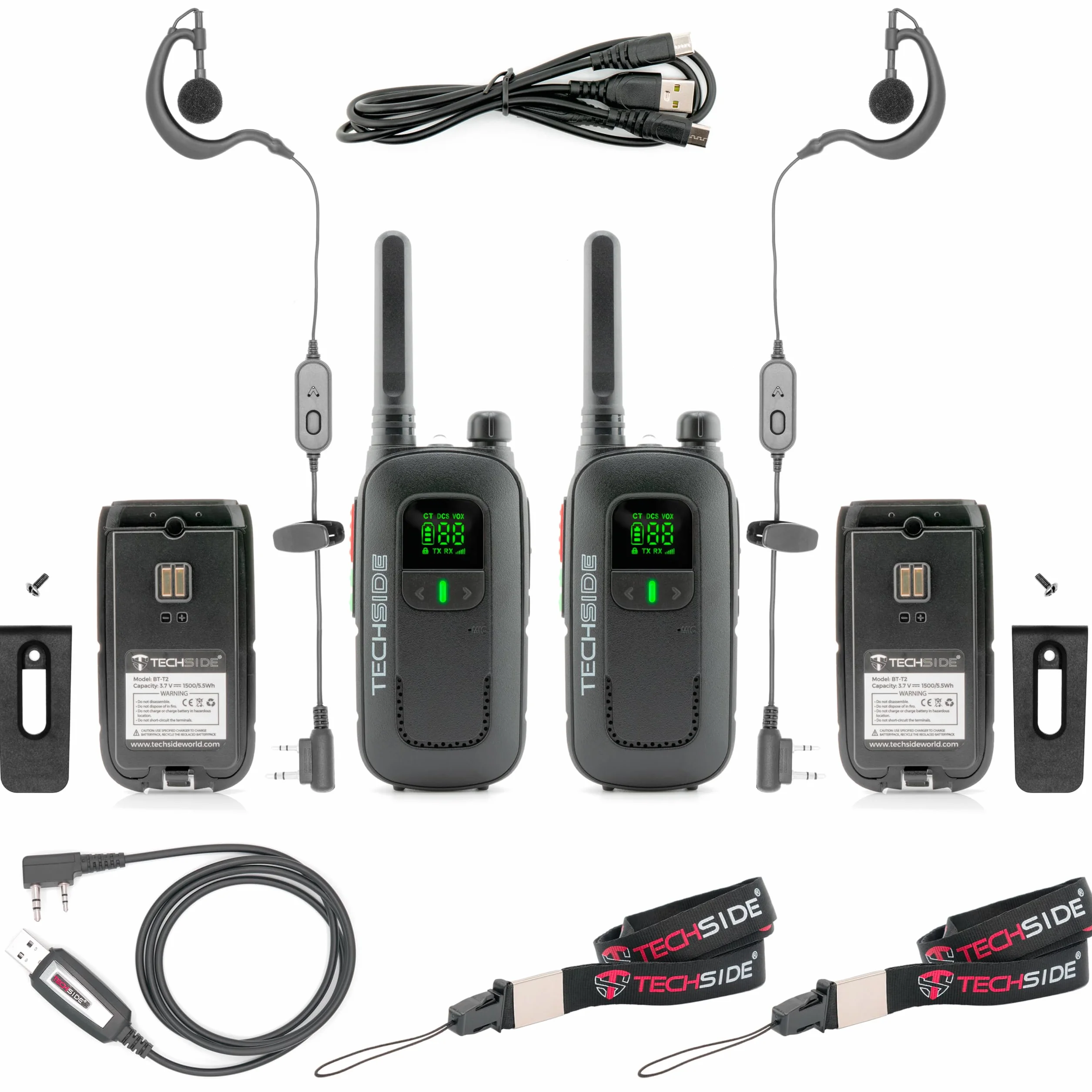 Techside TS-T2 Profesjonalna Krótkofalówka Walkie Talkie PMR446 16 Kanałów (Bez Zezwoleń) | VOX 5 Poziomów | Auto Skan Kanałów | Słuchawka i Ładowarka USB Pełny Zestaw | Zestaw 2 szt.