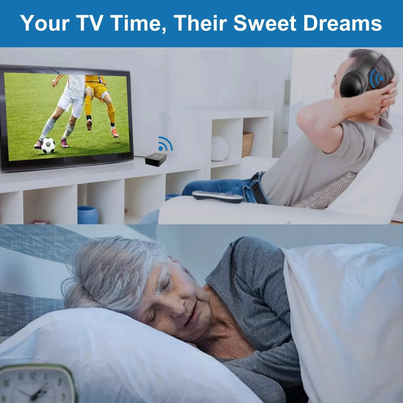 ANC Bezprzewodowe słuchawki TV dla seniorów - aktywna hybrydowa redukcja szumów, składane słuchawki Bluetooth 5.3 z nadajnikiem (optyczny/koncentryczny/USB/RCA/AUX), dźwięk Hi-Fi, 35H autonomia