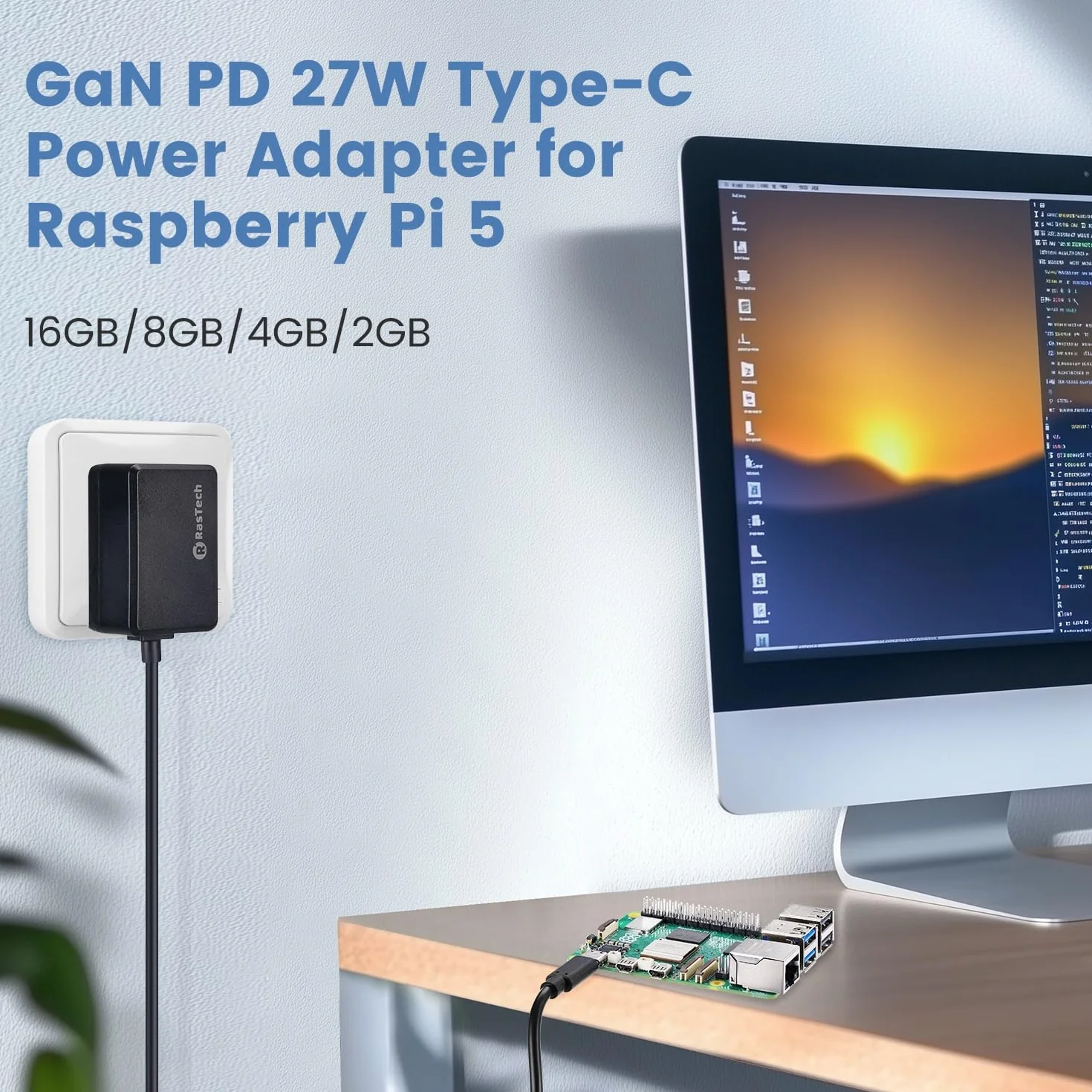 RasTech dla Raspberry Pi 5 GaN PD 27 W zasilacz 5,1 V 5 A USB-C Pi 5 zasilacz do Raspberry Pi 5 16 GB/8 GB/4 GB/2 GB