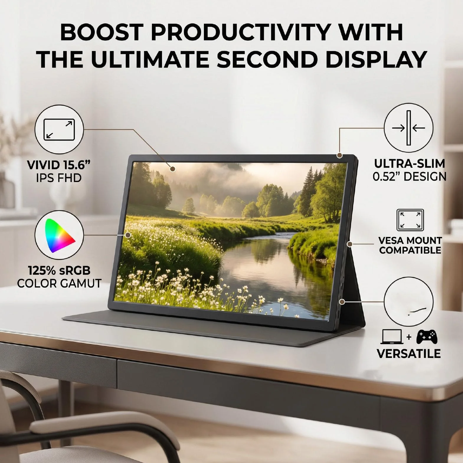 Przenośny Monitor, 15,6-calowy Monitor Podróżny 1080P USB C HDMI, Wbudowana Podstawa VESA, Zewnętrzny Ekran do Laptopów, Komputerów Stacjonarnych, Pokładu Parowego, Konsoli do
