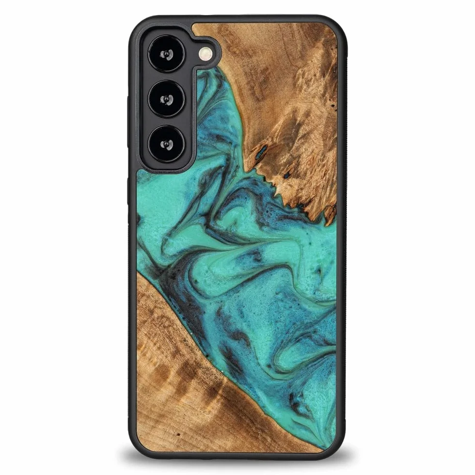 Unikalne etui kompatybilne z Samsung Galaxy S23 Plus, ręcznie wykonane etui ochronne z naturalnego drewna i żywicy, turkusowe, odporne na uderzenia, kompatybilne z MagSafe
