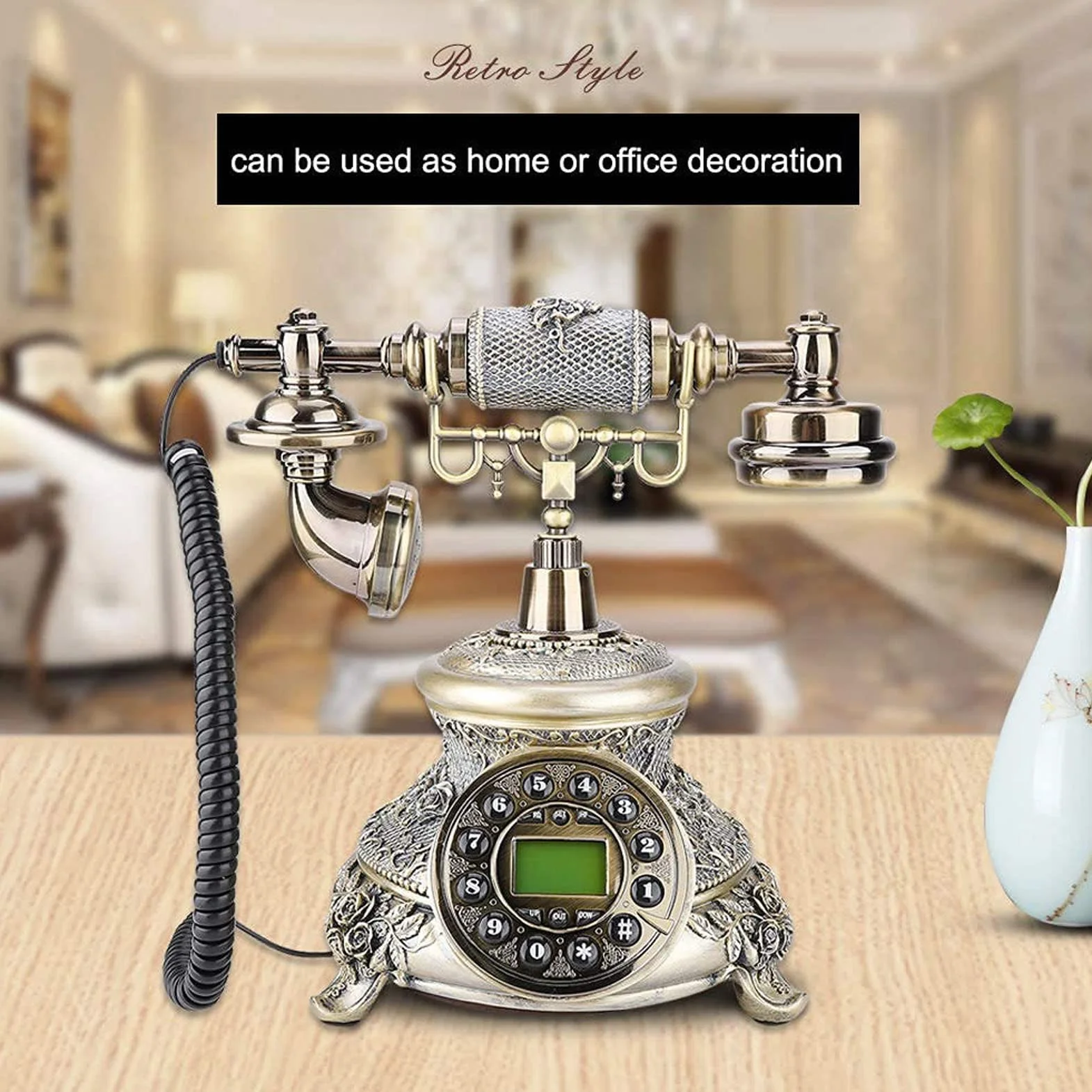 Wysokiej klasy telefon retro vintage, europejskie staromodne antyczne telefony stacjonarne do domu z wyświetlaczem LCD z przyciskiem do domu, biura, hotelu gwiazdkowego