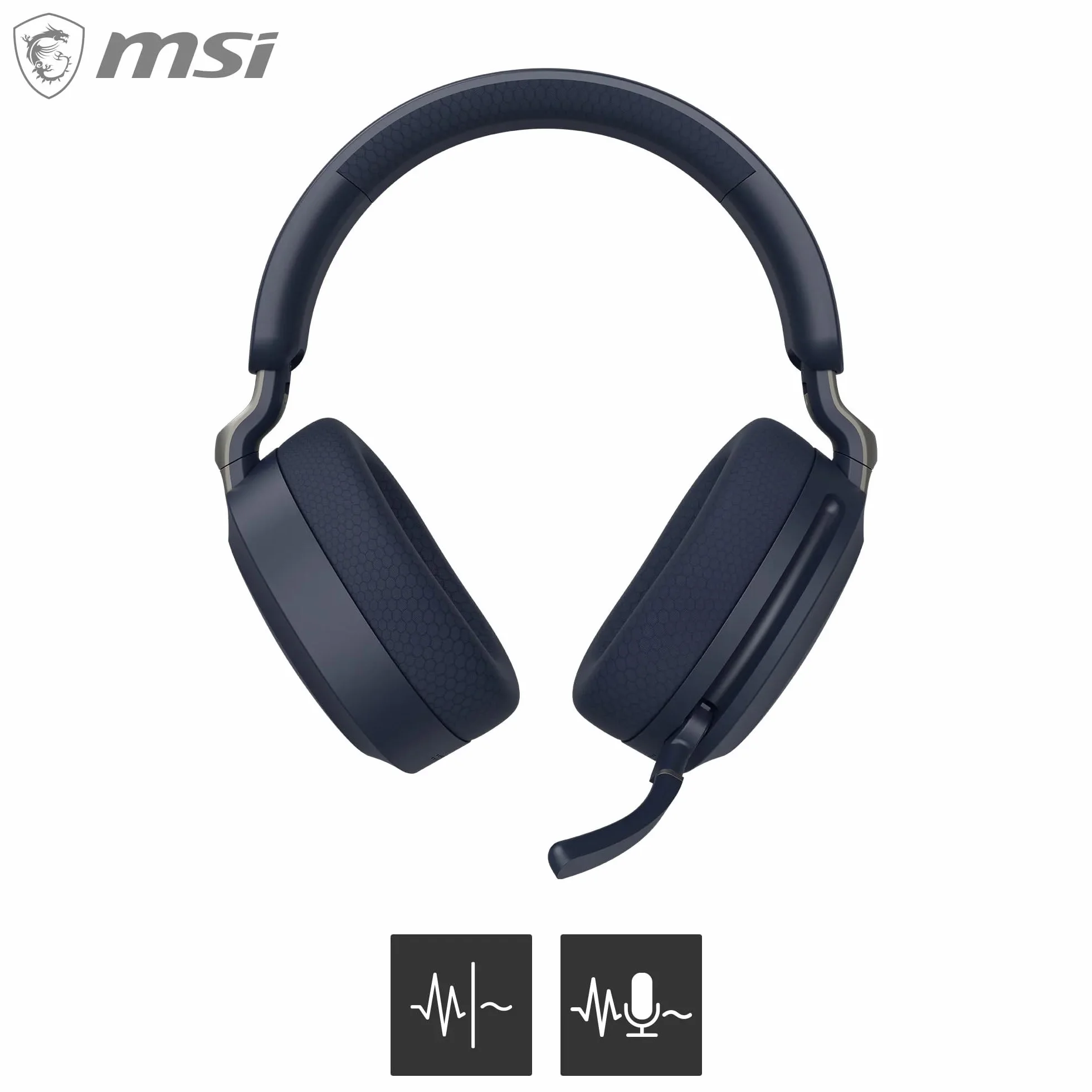MSI MAESTRO 500 WIRELESS granatowy zestaw słuchawkowy, aktywna redukcja szumów, tryb przezroczystości, niskie opóźnienie 2,4 GHz, Bluetooth 5.4, przewodowy 3,5 mm, sterowniki 40 mm, chowany mikrofon