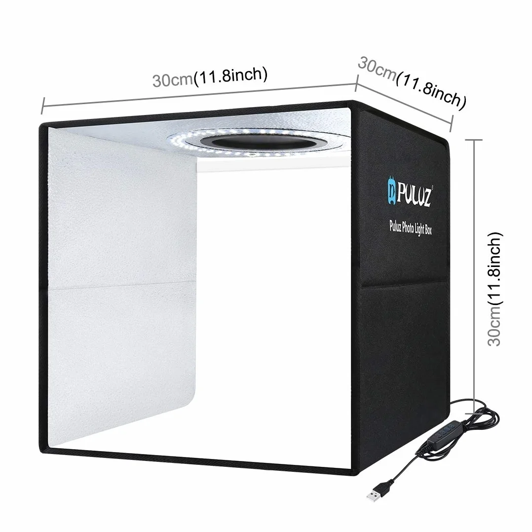 PULUZ Przenośna skrzynka oświetleniowa 30 cm × 30 cm, przyciemniana lampa do studia fotograficznego z 112 diodami LED o wysokim CRI i 6 tłami z PCW i 3 tablicami odblaskowymi do małych przedmiotów