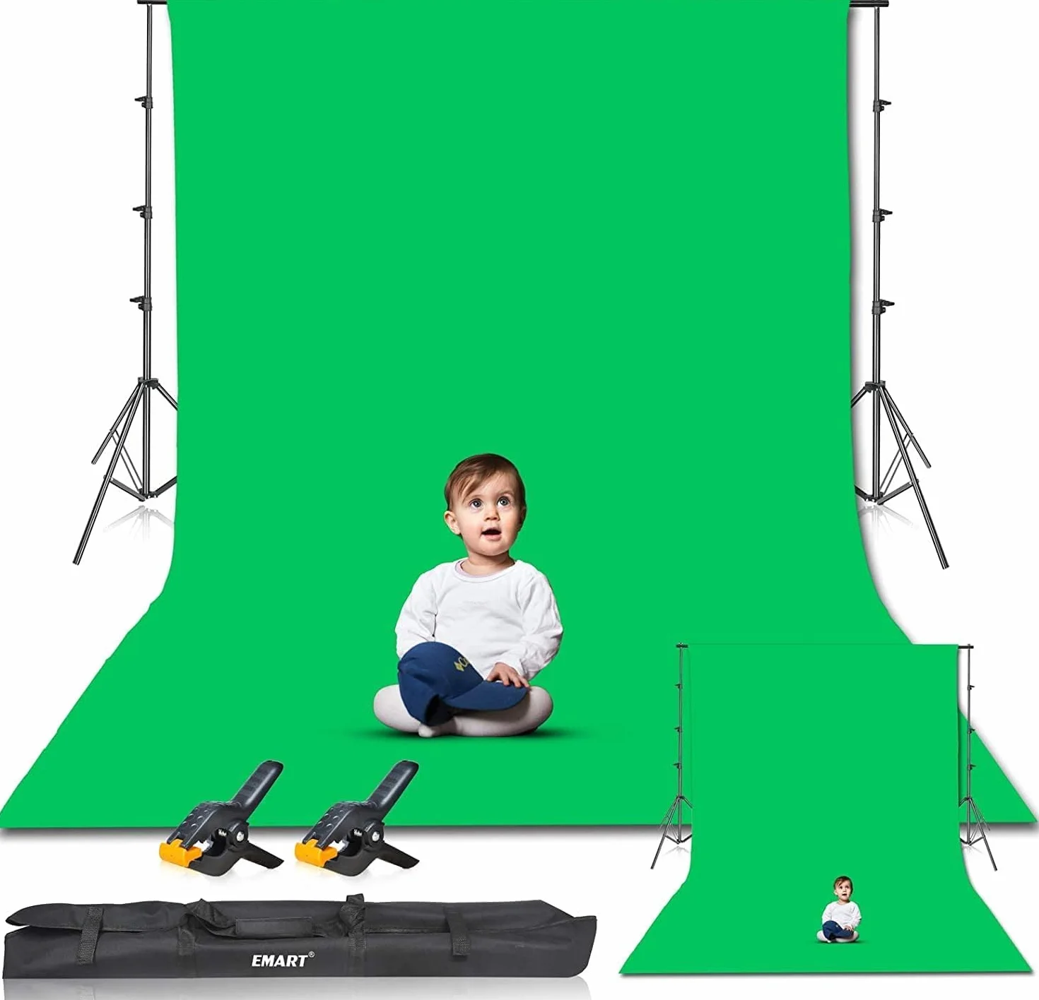 EMART Zielone tło ekranu ze stojakiem, 2,6 x 3 m, zestaw stojaków na tło fotograficzne z muślinowym tłem do portretu, wideo, zdjęć, studia