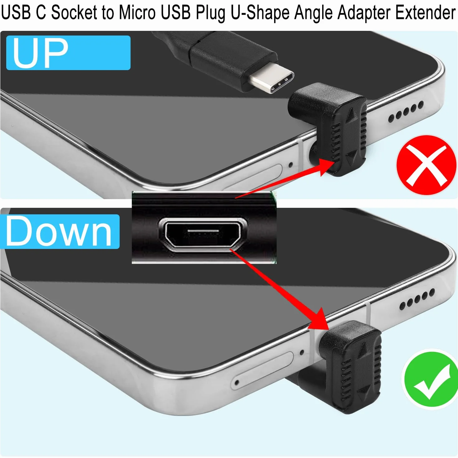 QIANRENON USB C na Micro USB ładowanie, dane w kształcie litery U, złącze typu C, wtyczka micro USB, kąt 180 stopni, adapter do dołu 10 W 480 Mbps, podziałka w kształcie litery U 5,4 mm, 2 szt.