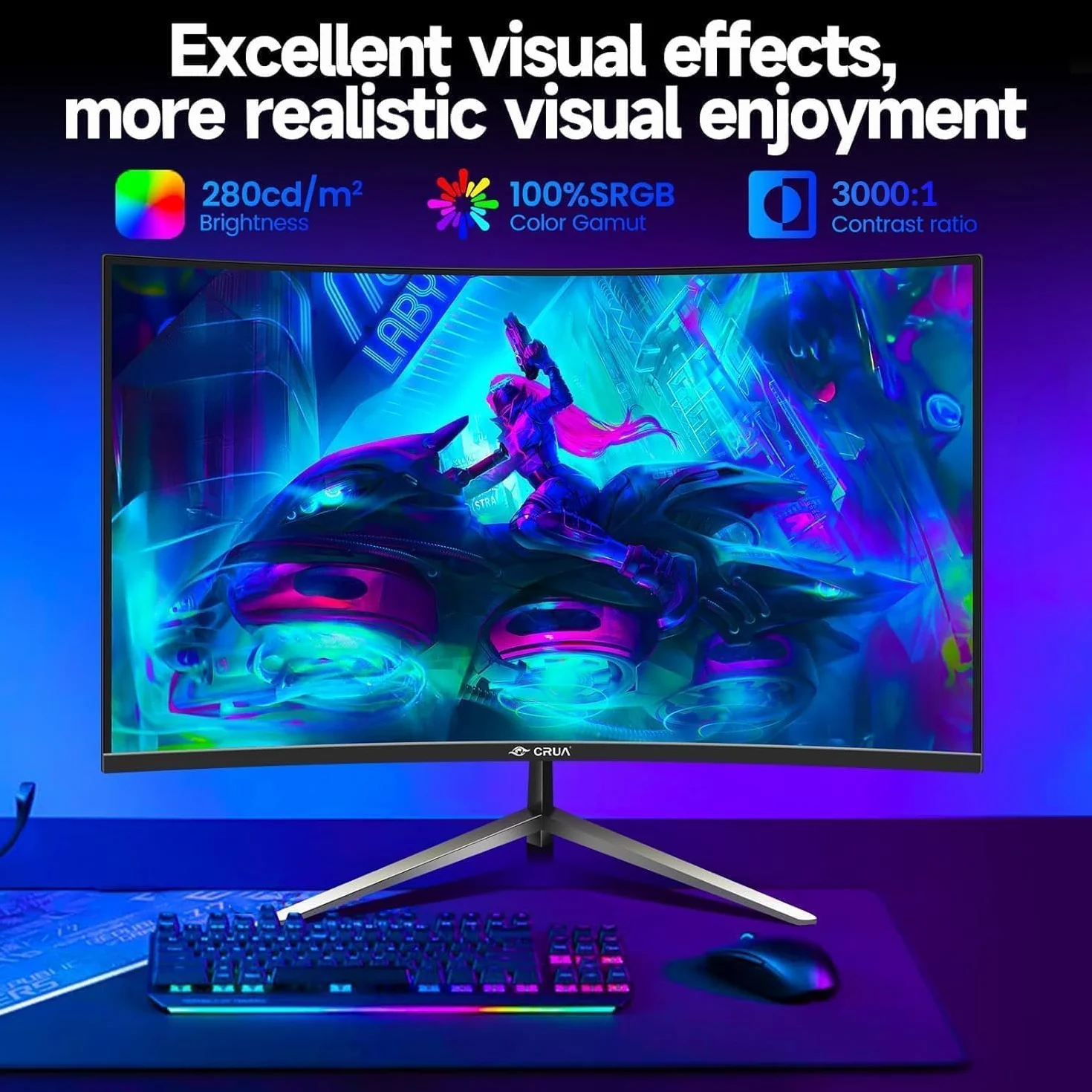CRUA Zakrzywiony monitor do gier 27 cali 180 Hz/200 Hz, monitor komputerowy FHD 1080P 1800R, 1 ms GTG z FreeSync, niskie rozmycie ruchu, ochrona oczu, VESA, DisplayPort, HDMI,