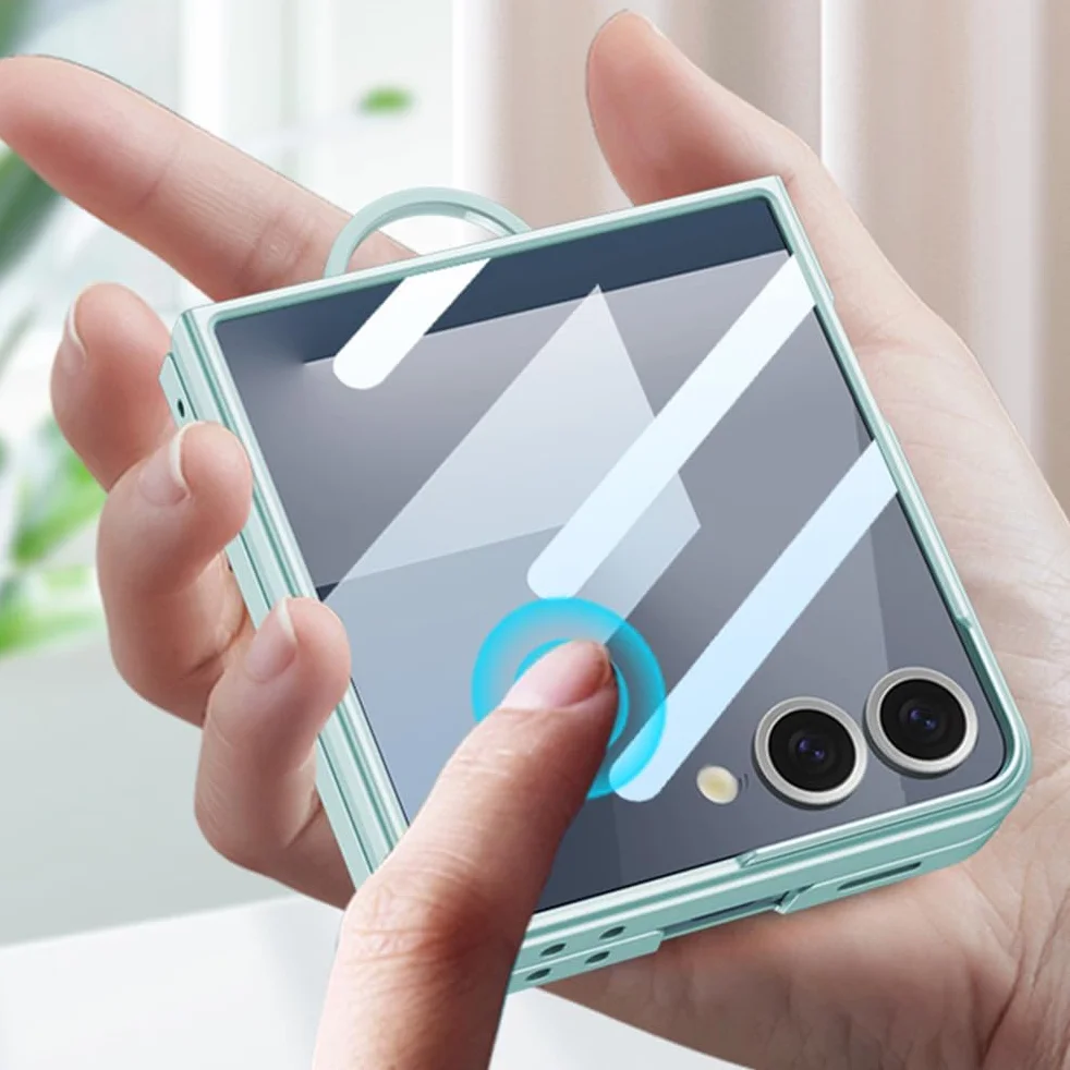 Etui do Samsung Galaxy Z Flip 7, osłona ekranu ze szkła hartowanego, etui na telefon z uchwytem pierścieniowym, stojak, smukłe twarde tworzywo PC, odporne na wstrząsy, niebieskie