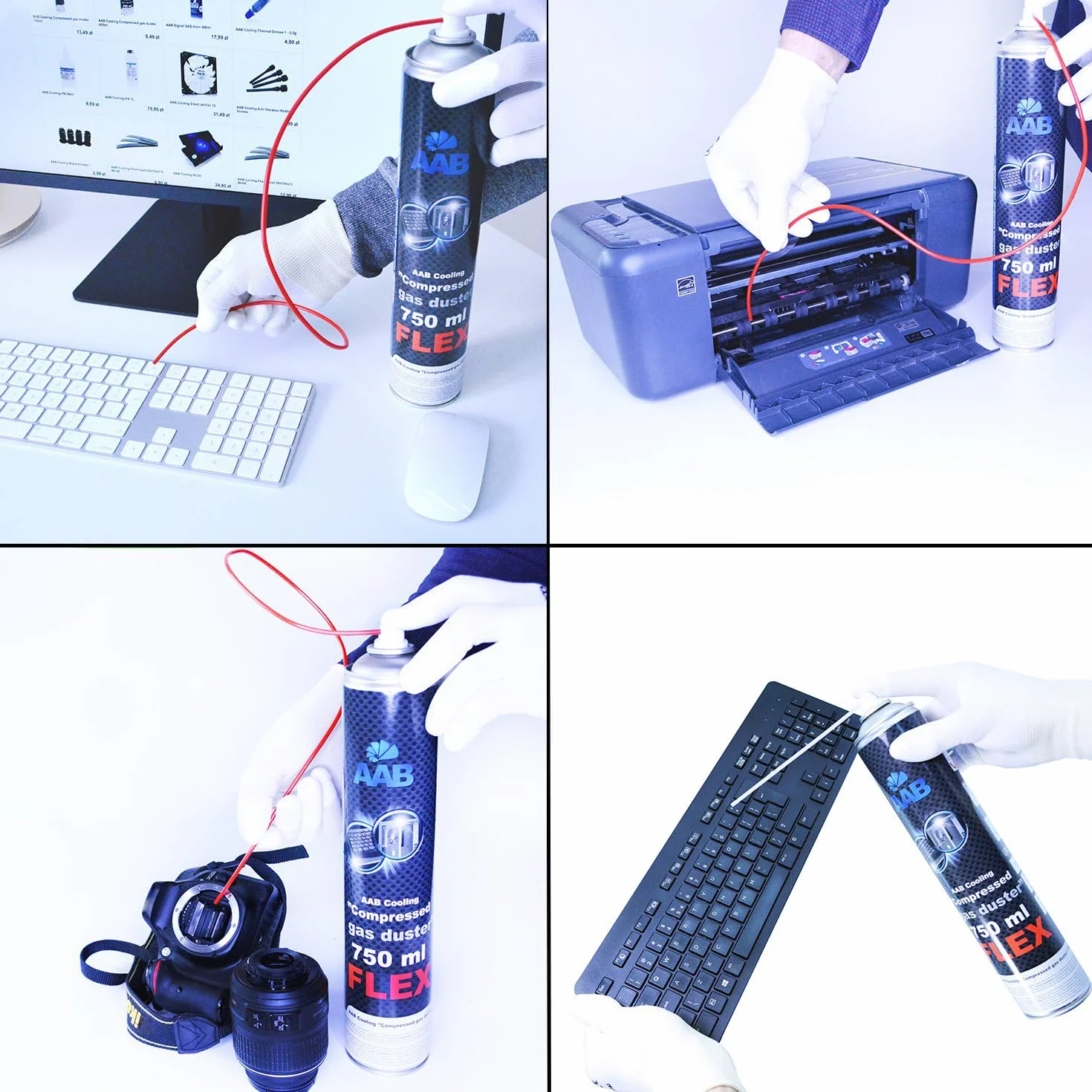 24 x AAB Compressed Gas Duster FLEX 750ml - Sprężony Gaz z Długą, Elastyczną Rurką, Sprężone Powietrze do Wydmuchiwania Kurzu, Puszka, Aerozol do Czyszczenia Komputera, Klawiatury, Laptopa, PC