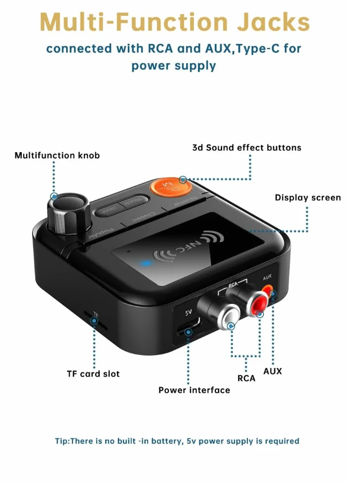 DollaTek Odbiornik Bluetooth Nadajnik Adapter Stereo Bluetooth 5.2 5 Tryb EQ z Karty TIF Wsparcie 3.5mm+2RCA dla Samochodów Domowych G?o?niki Stereo Przewodowe S?uchawki
