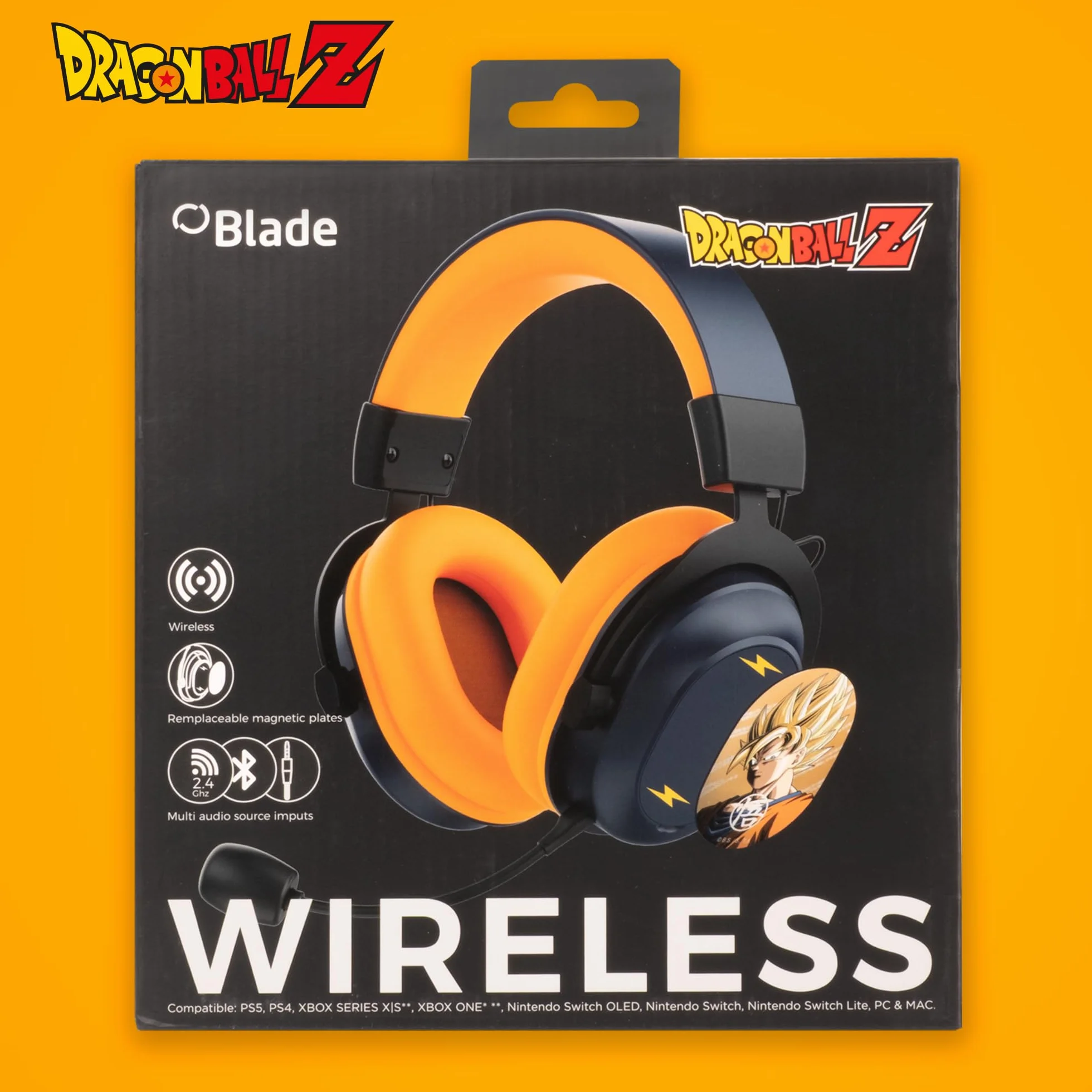 Blade Bezprzewodowy zestaw słuchawkowy do gier Dragon Ball Z Trimodo, Bluetooth 2.4GHz i kabel 3.5mm, wymienne płytki magnetyczne, światło LED RGB, bezprzewodowe słuchawki Dragon Ball