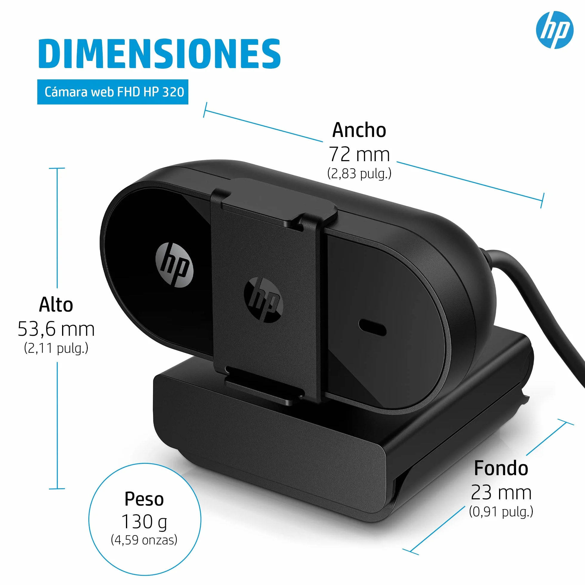 HP - PC Webcam 320 FHD, Kompatybilny z Chrome, Automatyczny korektor światła, Wbudowany mikrofon, uchwyt z klipsem 360º, czarny