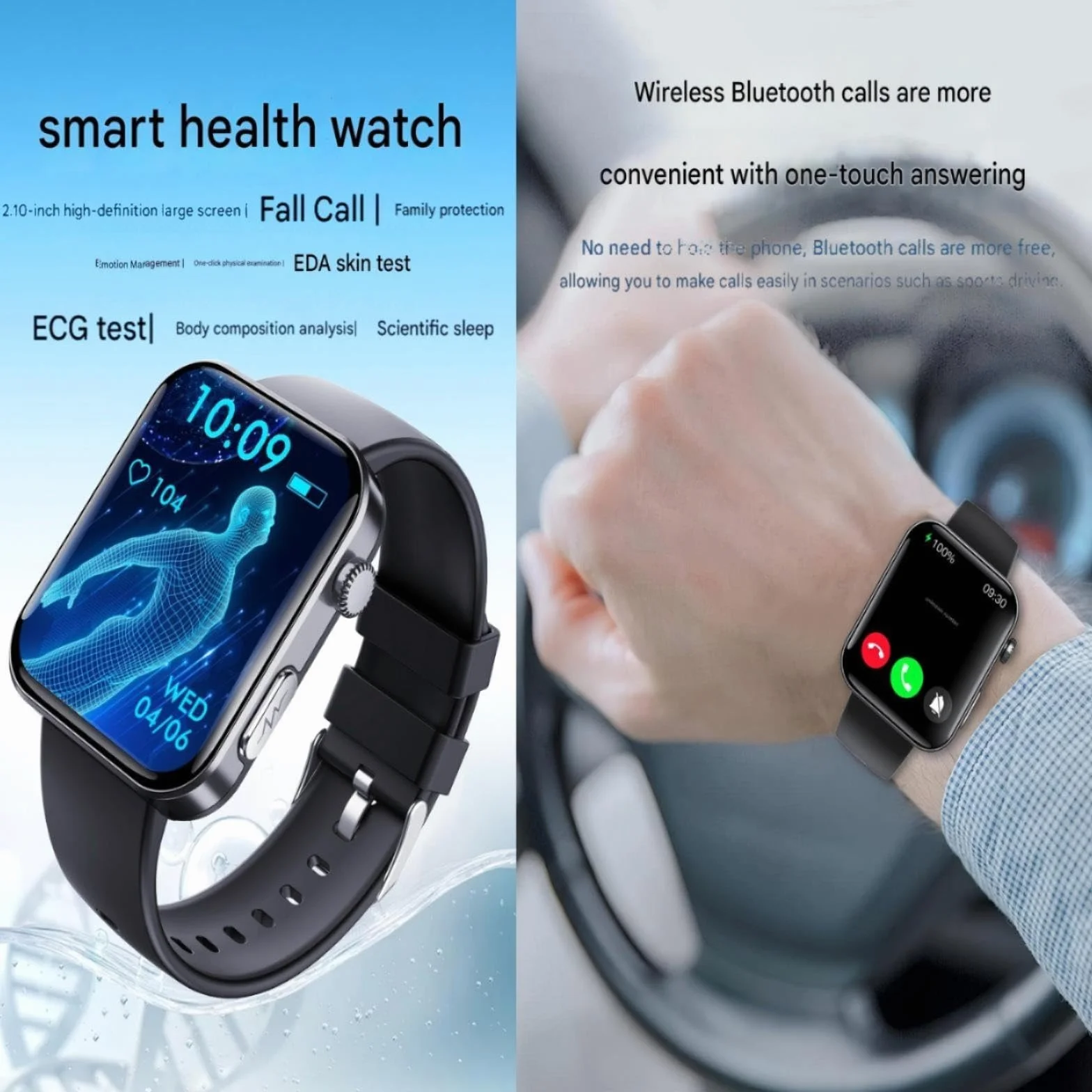 Zdrowy inteligentny zegarek do zarządzania, ekran HD 5,3 cm (2,1 cala), z EKG, BMI, HRV, inne monitorowanie danych. Zegarek z wykrywaniem upadku i One-Touch SOS, 133 tryby sportowe, dla świadomych