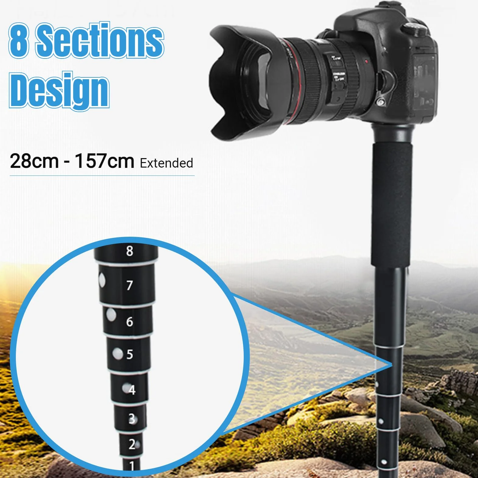 Lekki monopod podróżny z włókna węglowego, 63", 8 sekcji, antypoślizgowy, przenośny aparat fotograficzny, 28-157 cm
