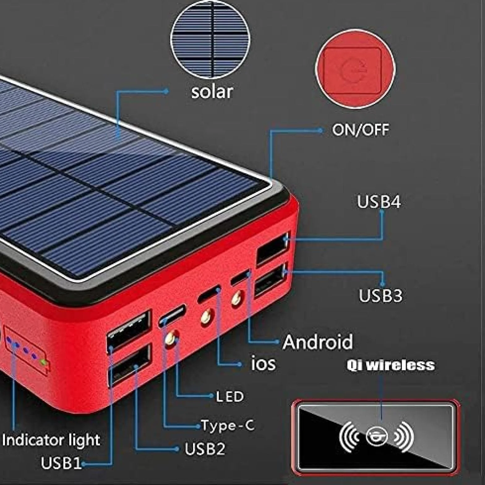 Przenośna Bezprzewodowa Ładowarka Słoneczna O Pojemności 100 000 MAh - Bateria Zewnętrzna Ze Wskaźnikiem Stanu LED, Powerbank O Dużej Pojemności, Przenośne Power Banki PD USB C, Szybkie Ładowanie,
