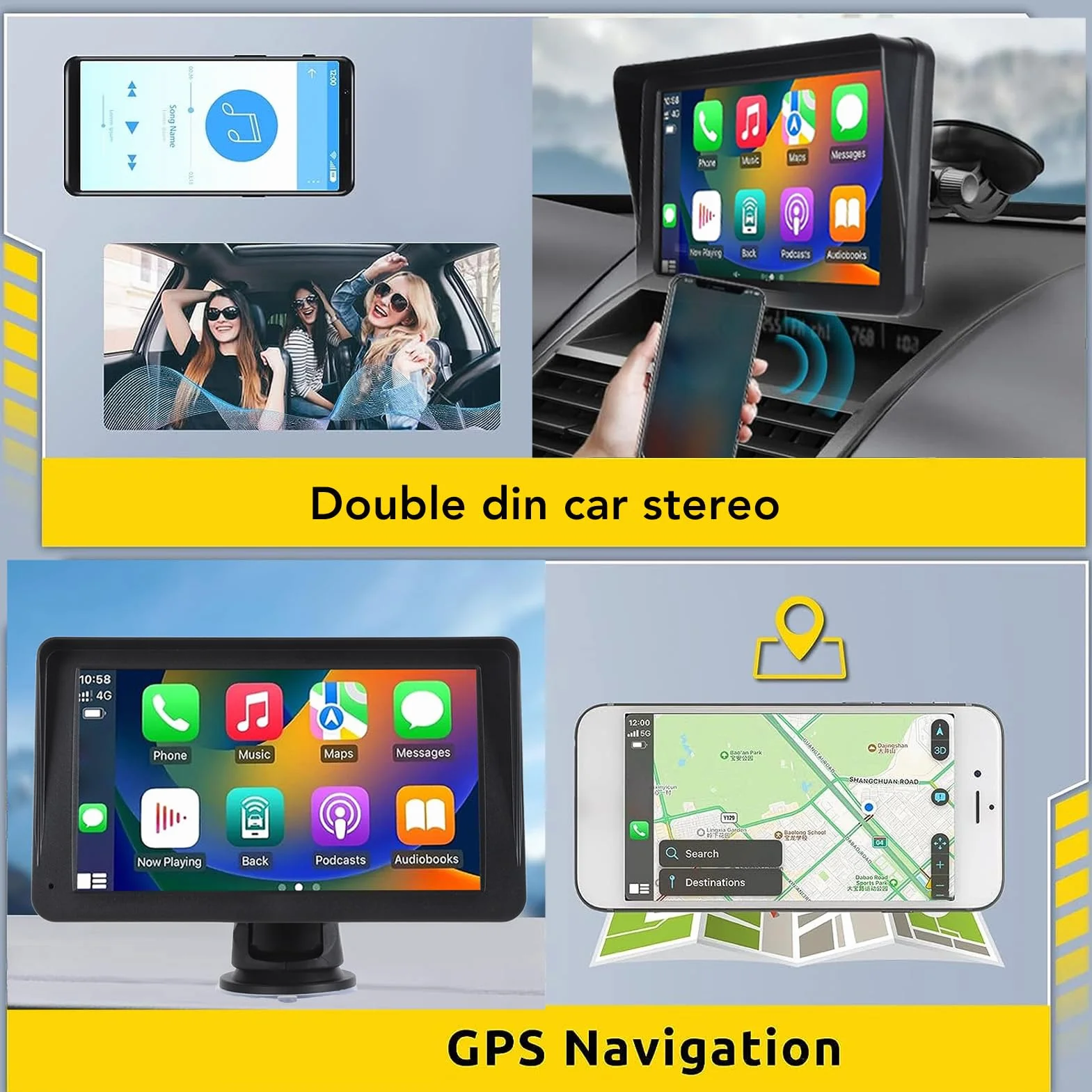 Przenośny Samochodowy Zestaw Stereo, 7-calowy Samochodowy Odtwarzacz Multimedialny z Podwójnym DIN, Sterowanie Głosowe, Ekran Dotykowy z Uchwytem Mirror Link, do CarPlay, do