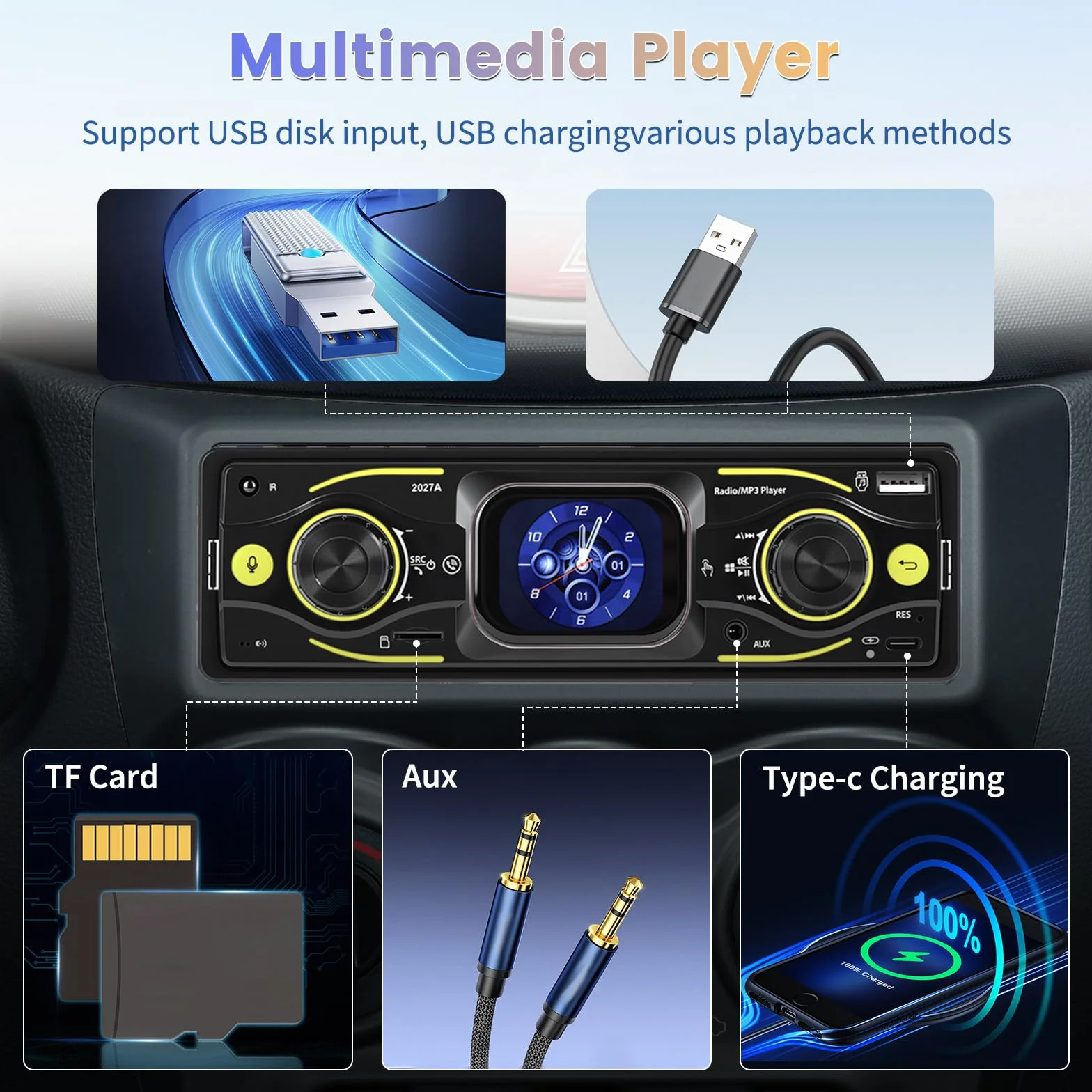 Inefala Radio samochodowe 1 DIN, radio 1 DIN z radiem FM, Bluetooth, EQ, SWC, USB-A&C, wejście AUX, złącze kart TF, zestaw głośnomówiący