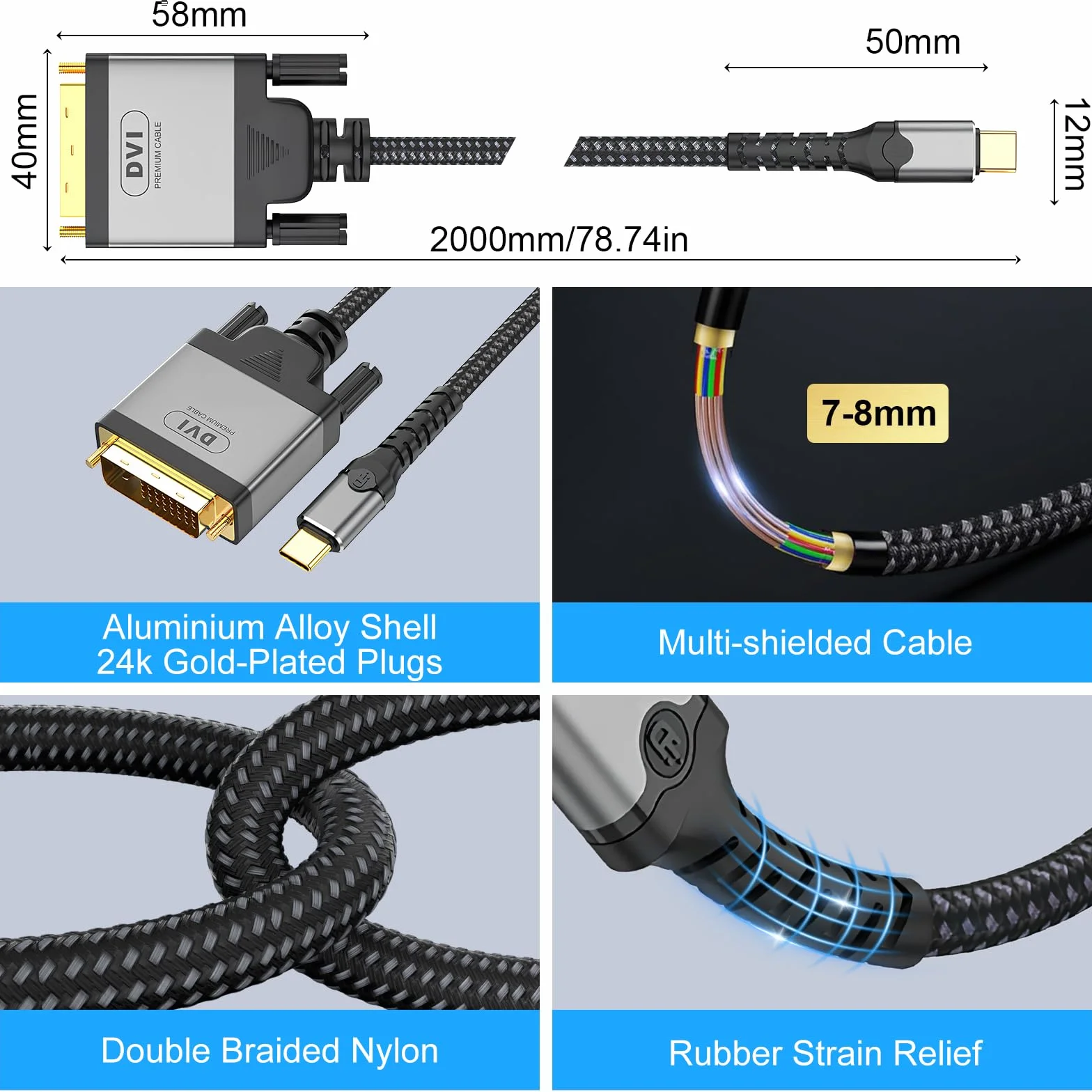 Kabel USB C na DVI 2 m, 4K 30 Hz USB typ C [Thunderbolt 3] do DVI-D 24+1, podwójnie pleciona linka nylonowa, pozłacana wtyczka, kompatybilny z MacBook Pro, Samsung, Surface Book, Dell